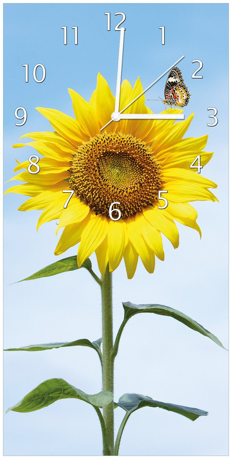 Wallario Wanduhr Sonnenblume mit Schmetterling (Uhr aus Acryl)