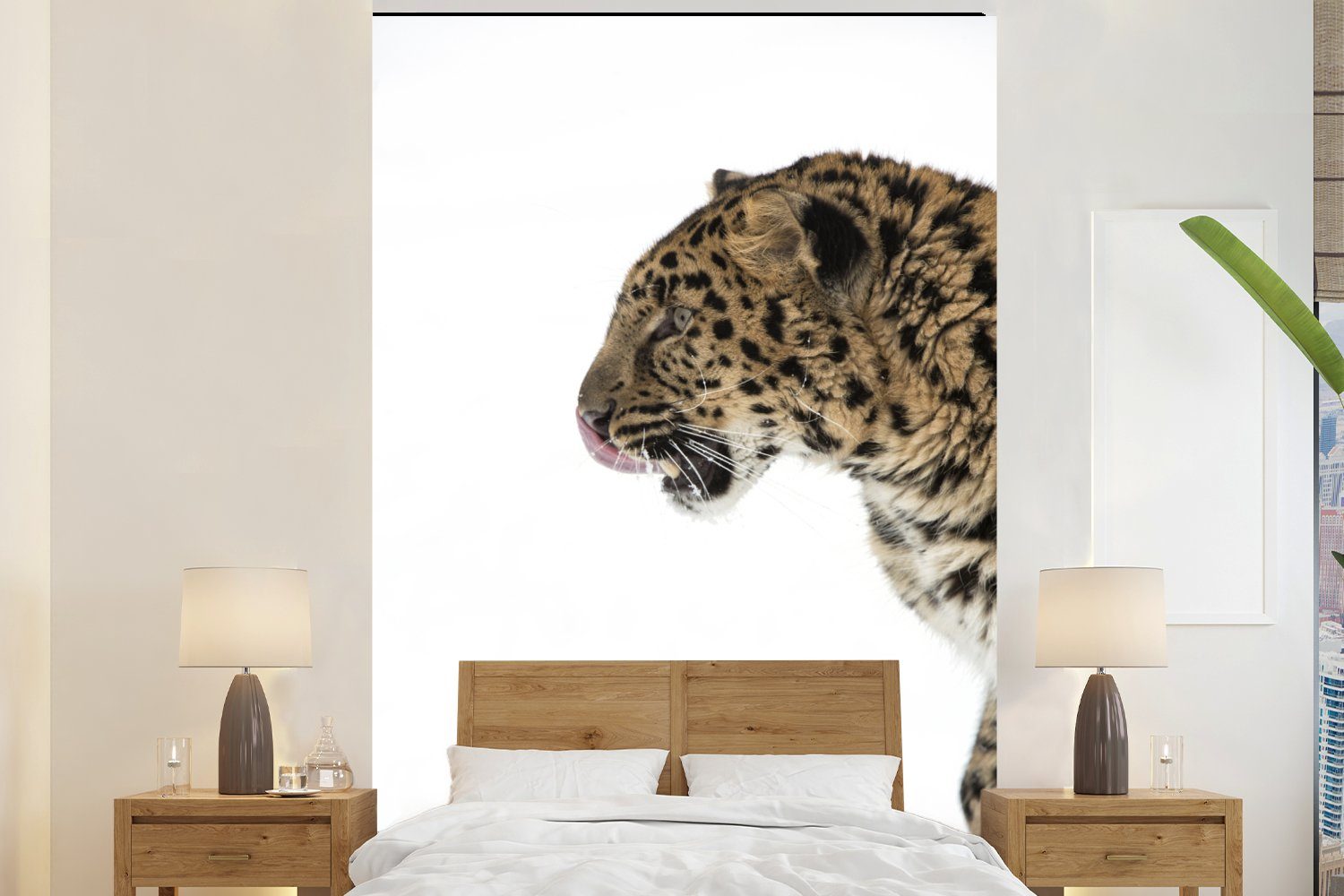 MuchoWow Fototapete Leopard - Schnee - Kopf, Matt, bedruckt, (3 St), Montagefertig Vinyl Tapete für Wohnzimmer, Wandtapete