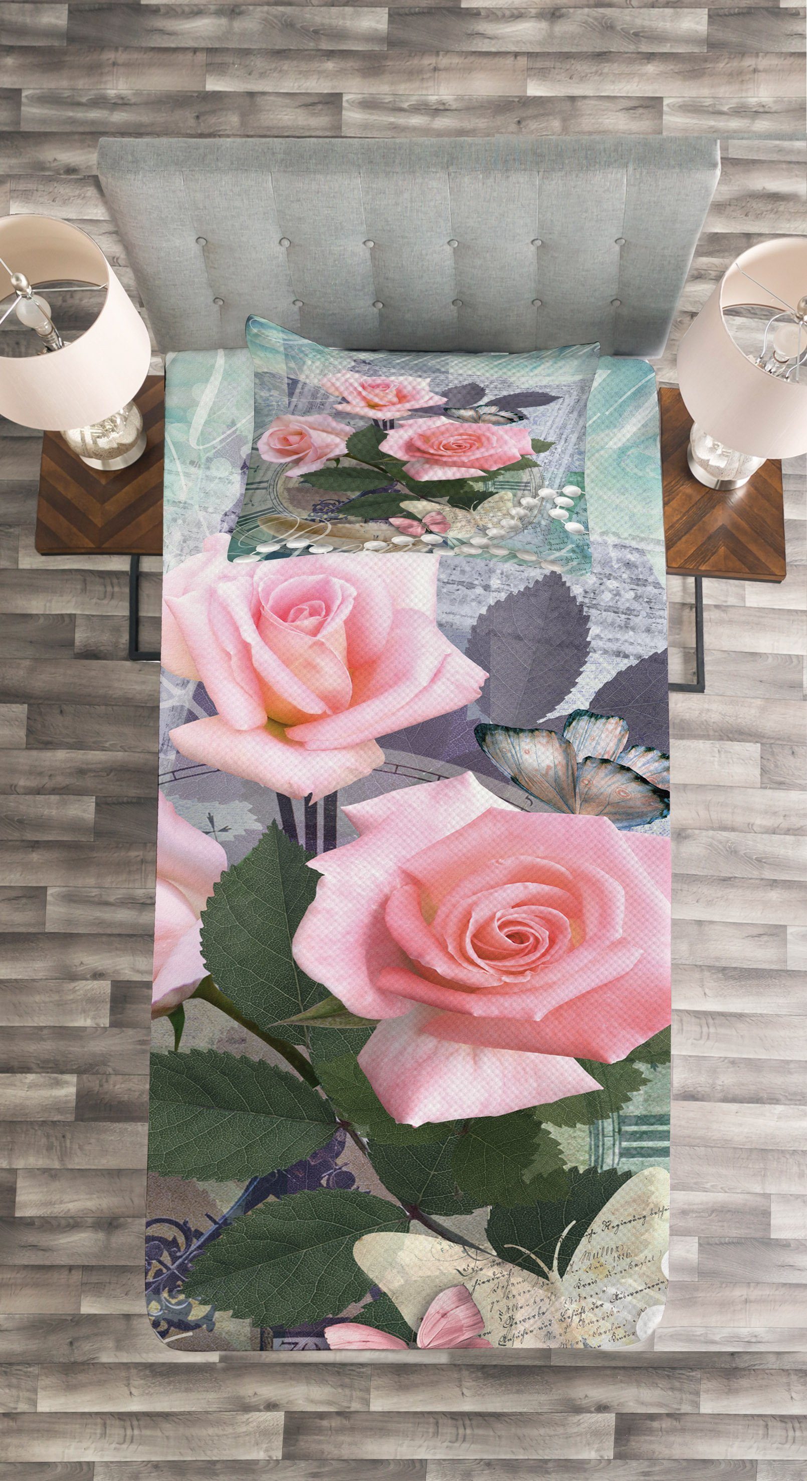 Vintage Abakuhaus, mit Kissenbezügen Rose Set Tagesdecke Romanze Waschbar, Blumen