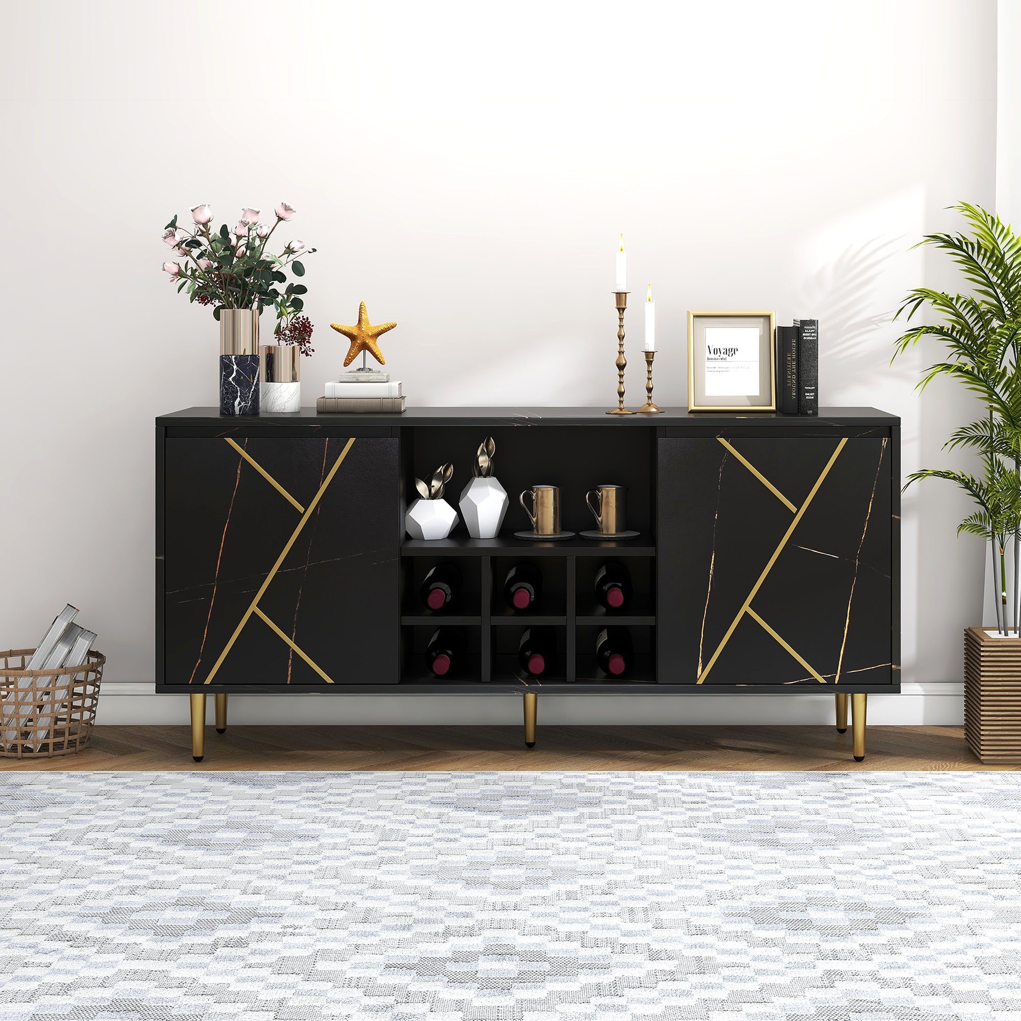 Celya Sideboard in Schwarz-Gold mit Weinregal und praktischem Design 148x40x70cm, 2 Schranktüren, 1 großes Mittelfach & 6 kleine Fächer