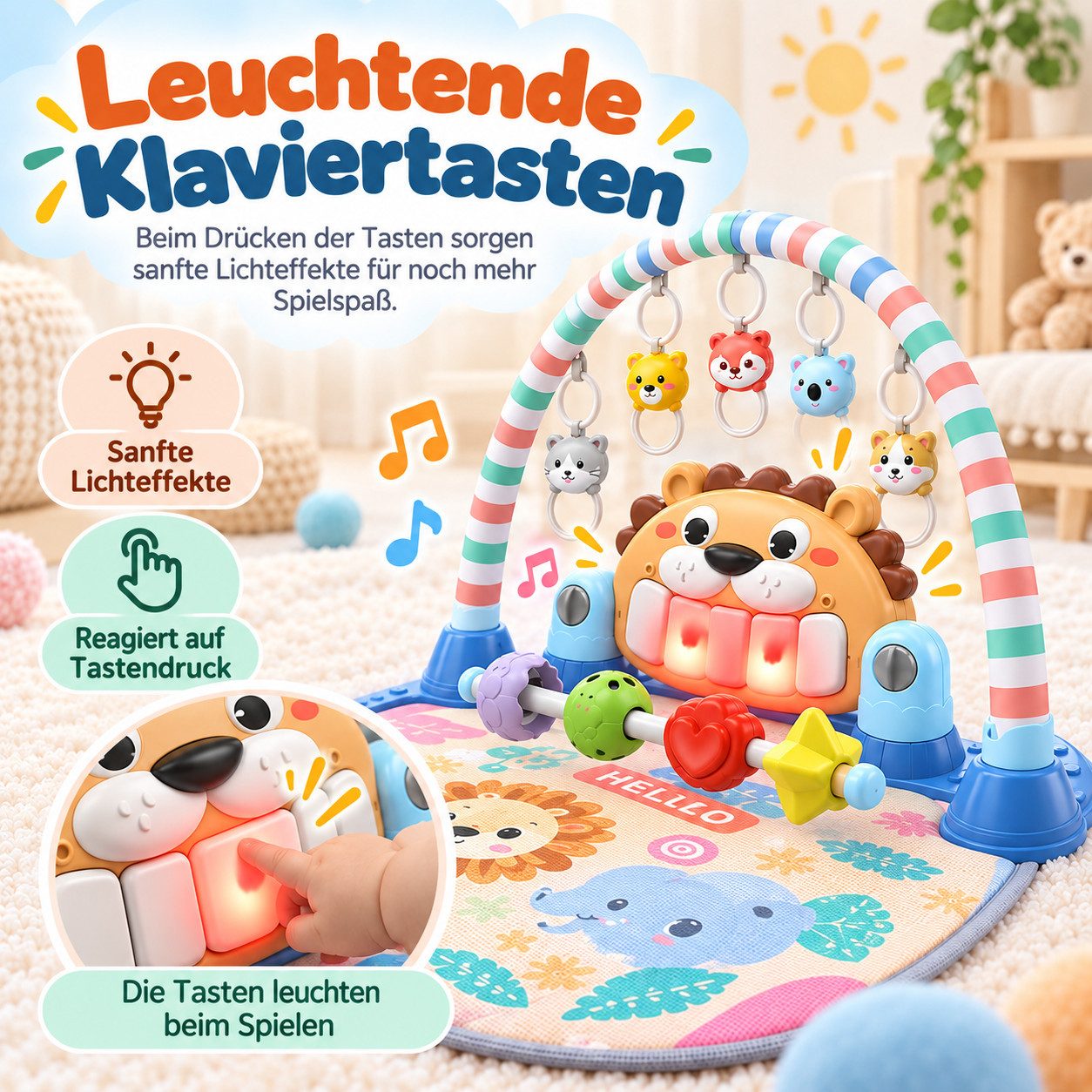 Fyrove Spielmatte Baby Spielmatte mit Spielbogen, Tretklavier, Musik und Licht (Schutzbügel, Rasseln und Greifringen, verstellbares Klavier, Aktivitätscenter fü – Bild 4 von 5