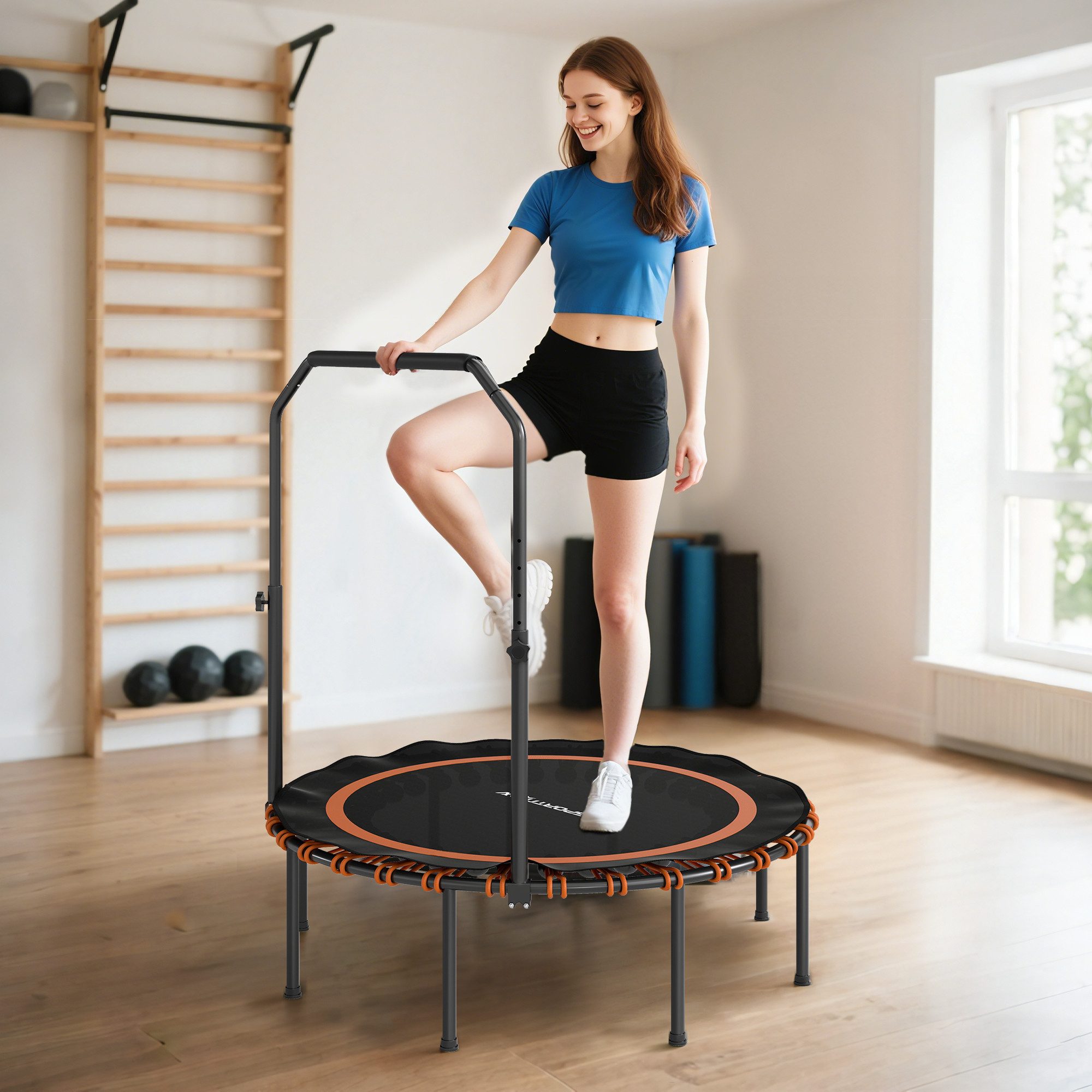 SPORTNOW Fitnesstrampolin Mini Trampoline mit 5 verstellbare Handgriffstufen, leise Gummiseil, Ø 114 cm, (Sport-Trampolin, 1 tlg., Fitness-Trampolin), Stahl, Kunststoff, Orange