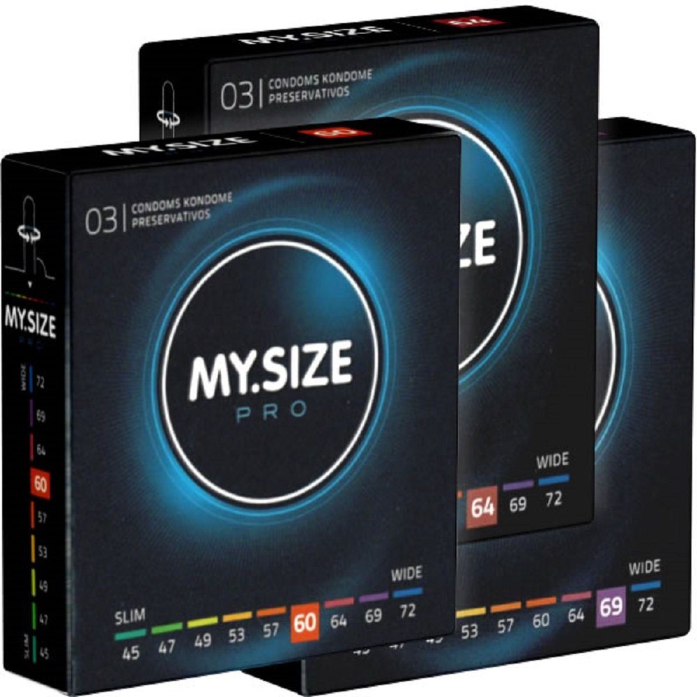 MY.SIZE XXL-Kondome Probierset XXL» (60mm, 64mm, 69mm) 3 Packungen mit je 3 Maßkondomen, insgesamt, 9 St., Kondome zum Anprobieren und Austesten, die neue Generation MY.SIZE Kondome