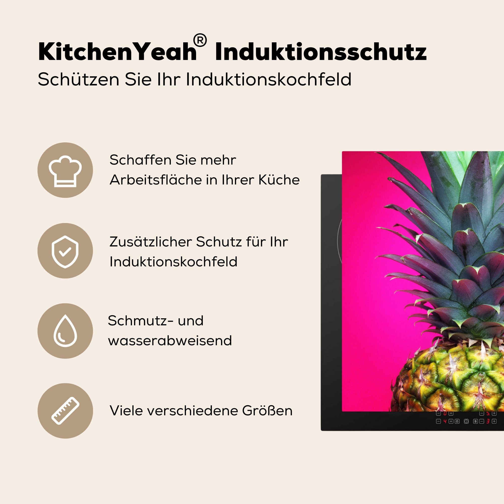 cm, Obst Herdblende-/Abdeckplatte Vinyl, Arbeitsplatte MuchoWow (1 Ceranfeldabdeckung, Rosa, - - 78x78 tlg), Ananas für küche