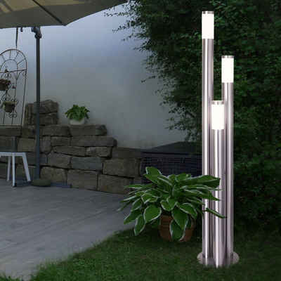 etc-shop LED Außen-Stehlampe, Gartenleuchte 170 cm Wegeleuchten Außen Edelstahl Stehleuchte Außen groß, 3 silberne Säulen, 3x E27, 28 cm