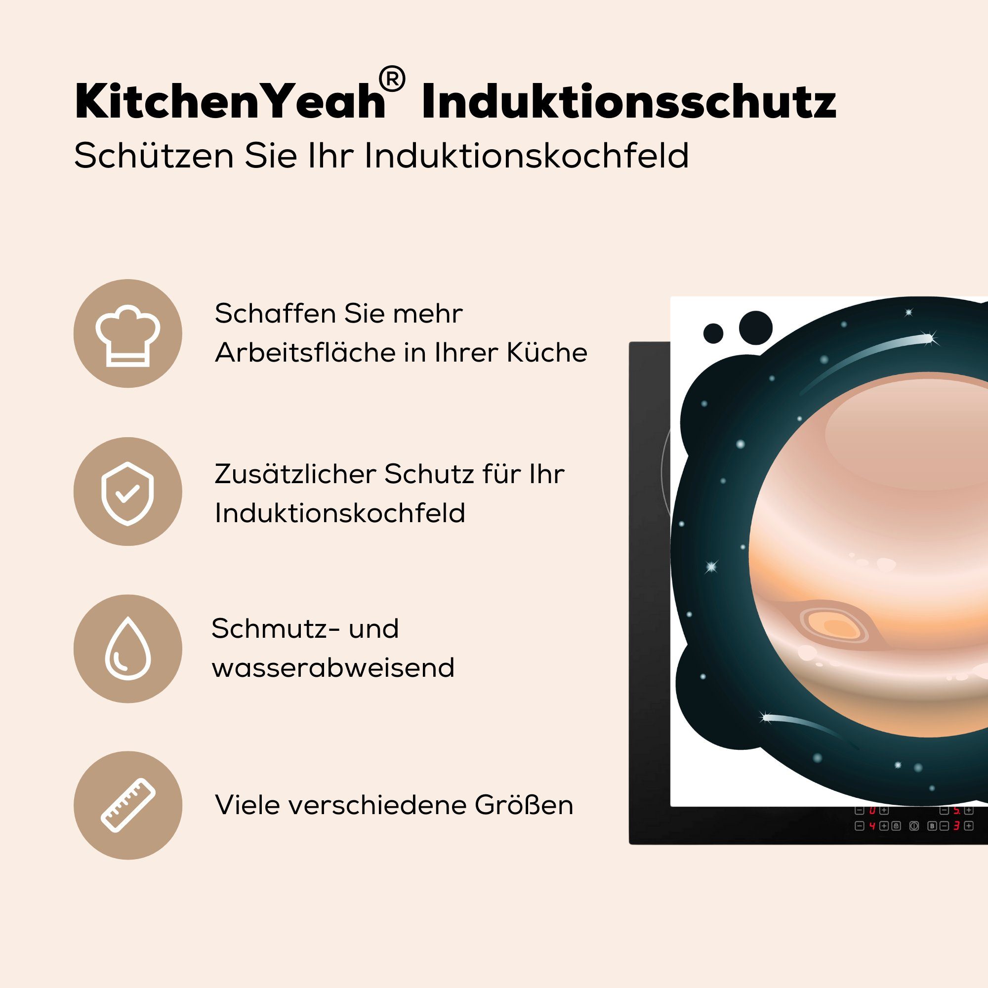 Vinyl, Illustration für Ceranfeldabdeckung, des Eine küche 78x78 Jupiter cm, Universum, im tlg), Arbeitsplatte (1 Herdblende-/Abdeckplatte MuchoWow Planeten