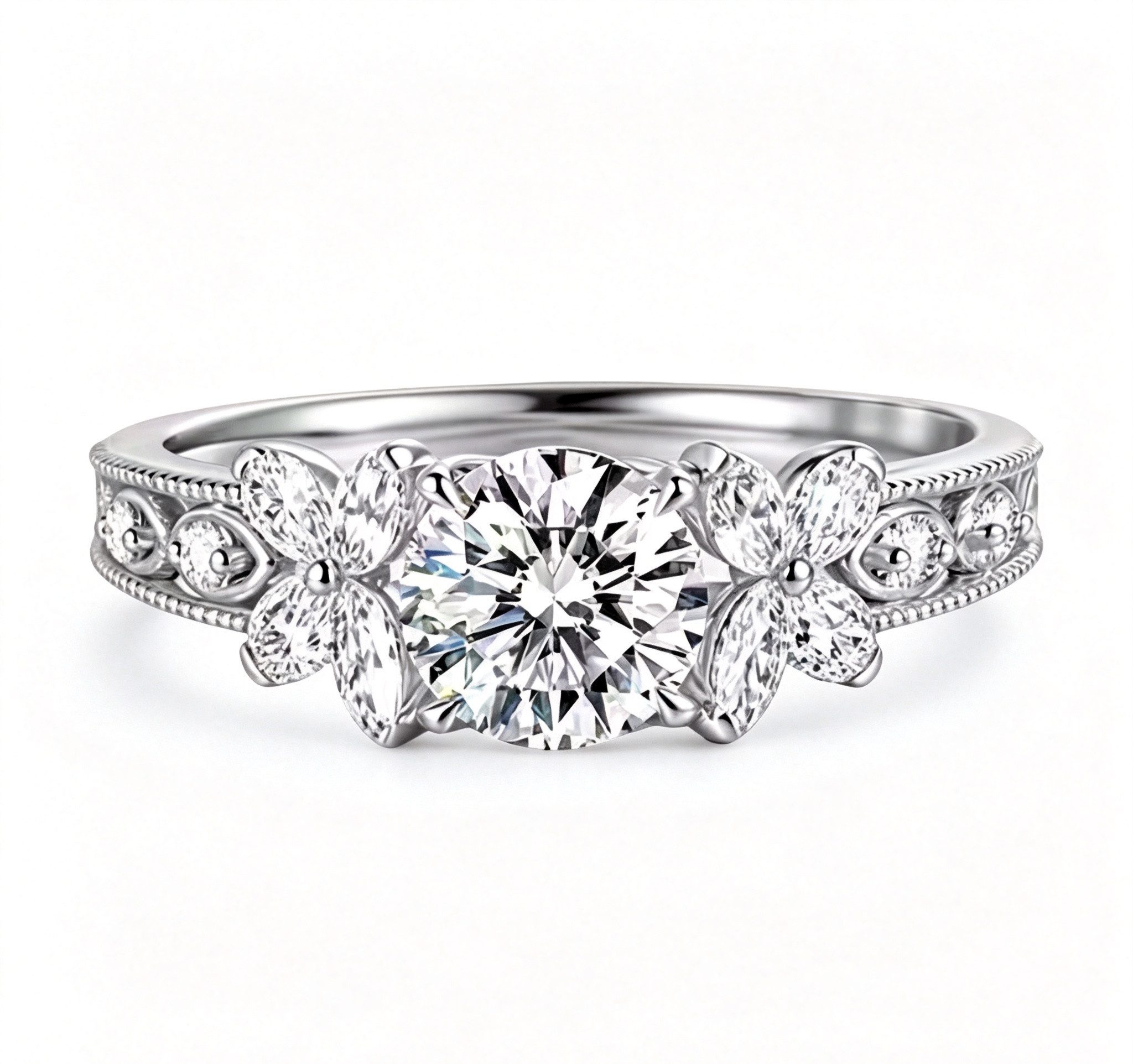 Jumpeak Diamantring 585er gold Brillantring,1ct D VS1, floraler Vintage Verlobungsring, Brillantschliff,Mit IGi-Zertifikat,geschenk für frau, für sie