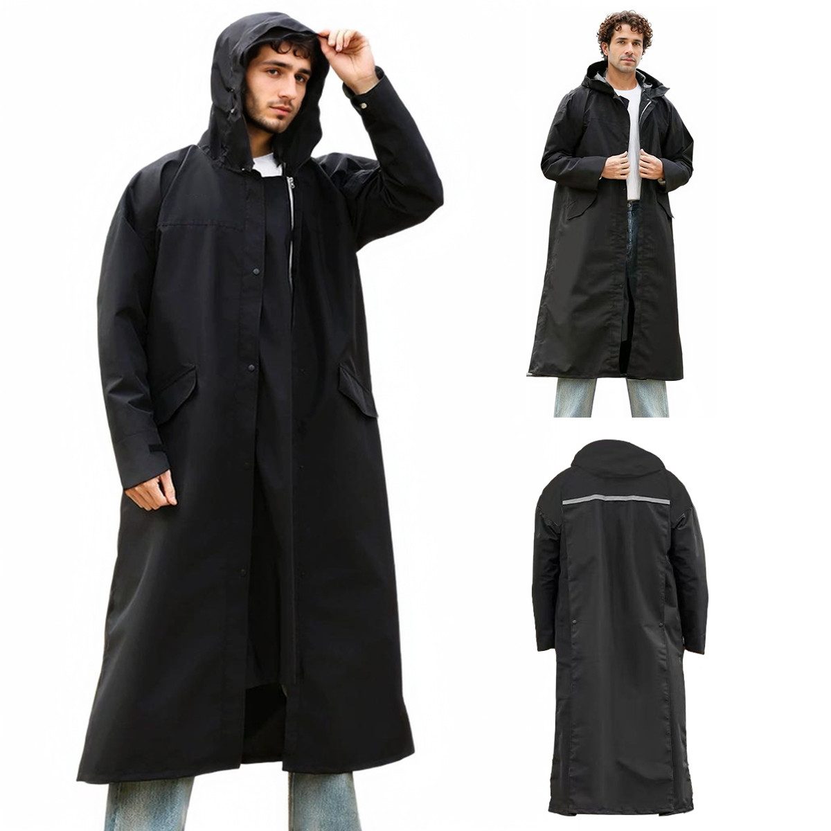 MOPUEA Regenmantel Regenmantel Wiederverwendbar Regenmantel Regenponcho mit Kaputze (Set, 1-tlg., 2XL) Verstellbare Ärmelbündchen mit Reflektorelementen