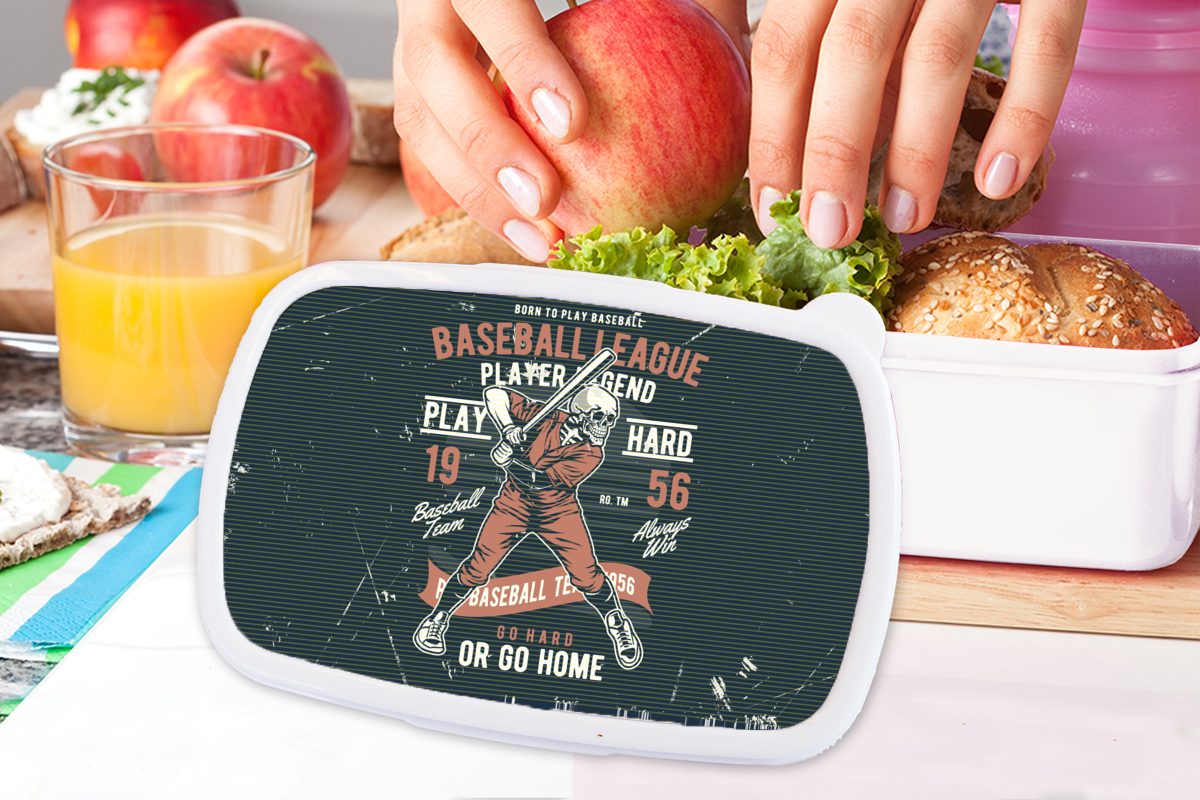 Lunchbox Brotdose, weiß für für Brotbox Kunststoff, Mädchen Baseball, Jahrgang - MuchoWow Erwachsene, Jungs Kinder - und Skelett und (2-tlg),