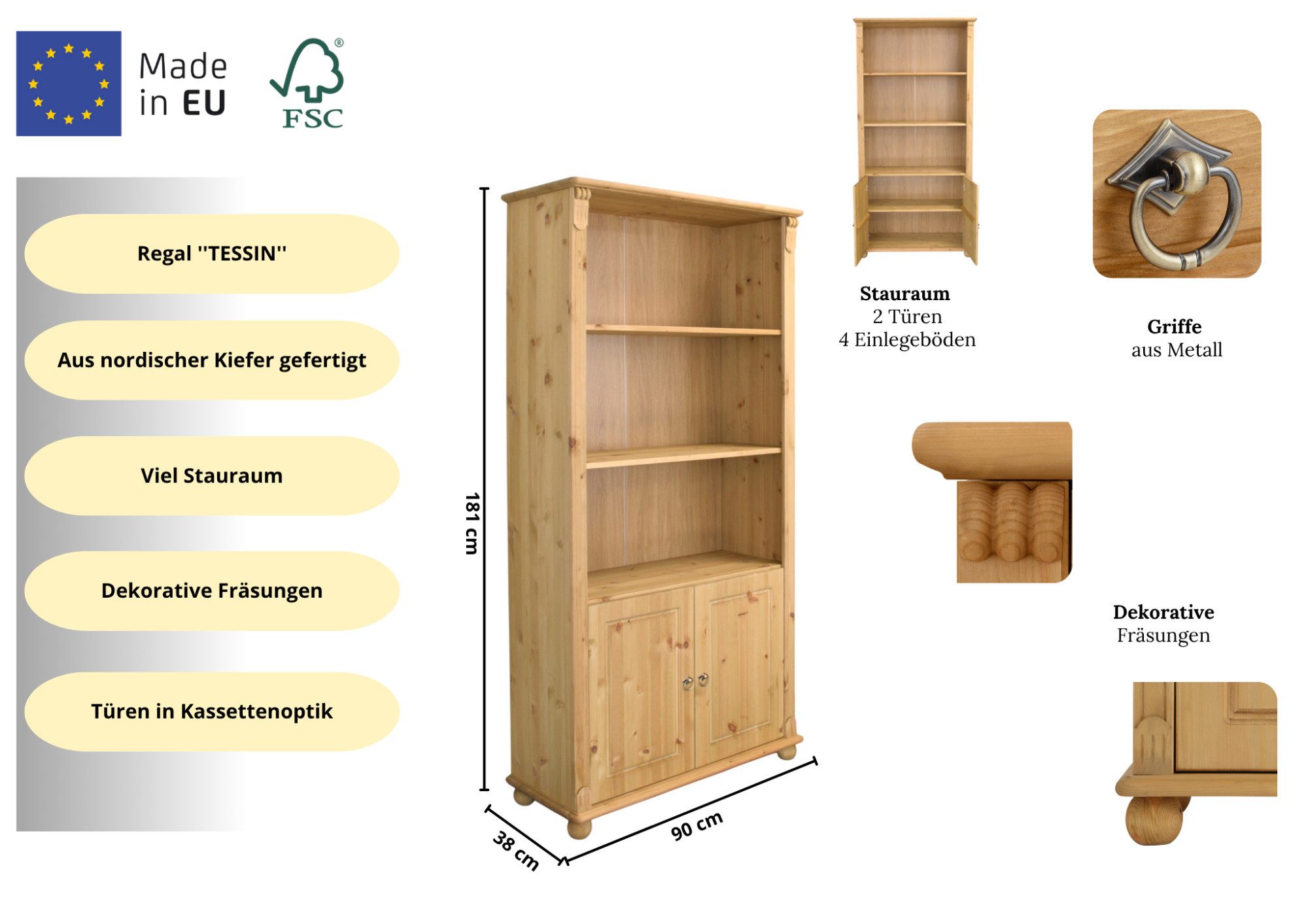 OTTO home Regal Tessin, Standregal, Bücherregal, aus massiver Kiefer, Breite 90 cm, Höhe 181 cm, mit Türen
