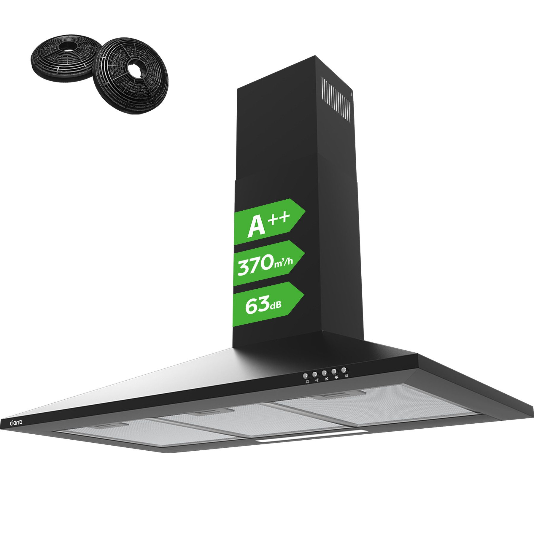 CIARRA Wandhaube 90 cm Pyramidenhaube A++ 370m³/h Umluft & Abluft 3 Stufen CBCB9201 90 cm Pyramidenhaube A++ 370m³/h Umluft & Abluft 3 Stufen CBCB9201, Dunstabzugshaube leise Wandhaube mit Kohlefilter & LED Schwarz