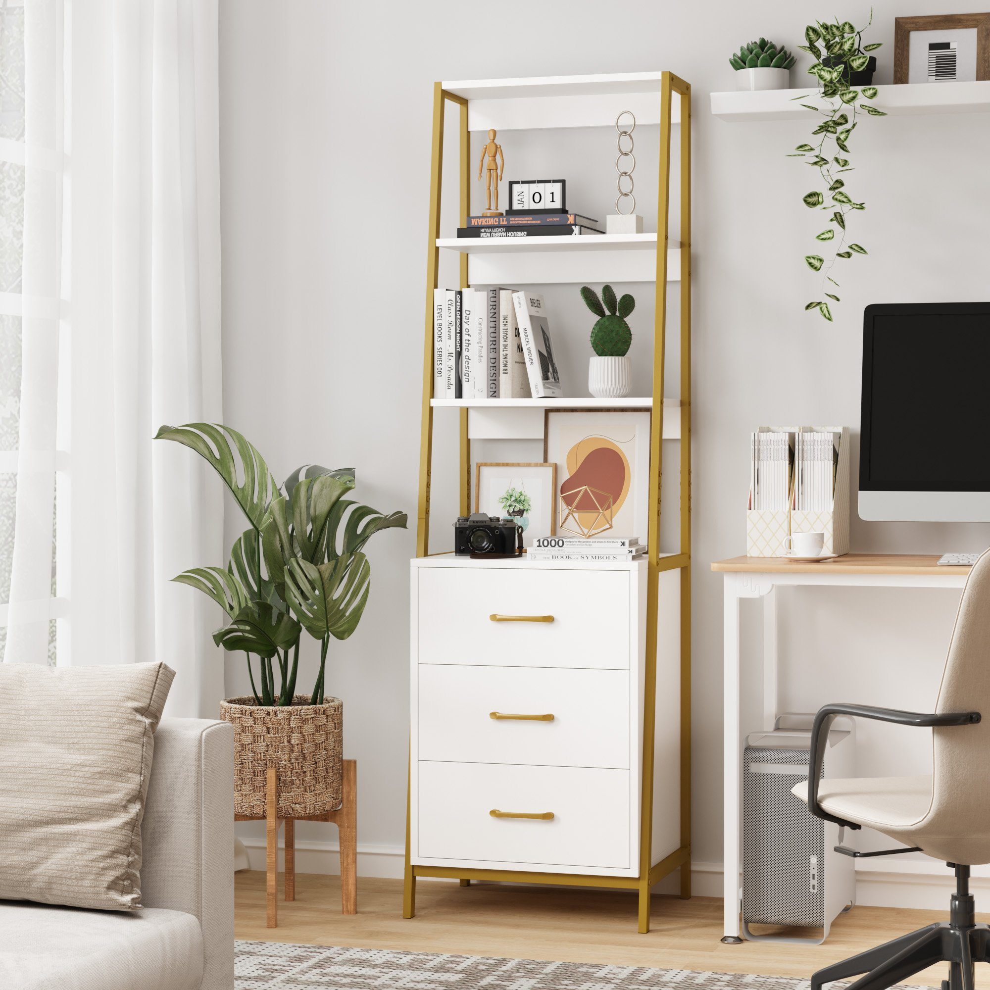 HOMECHO Bücherregal, Standregal Holz&Metallgestell Büroregal 3 Ebenen Weiß günstig online kaufen