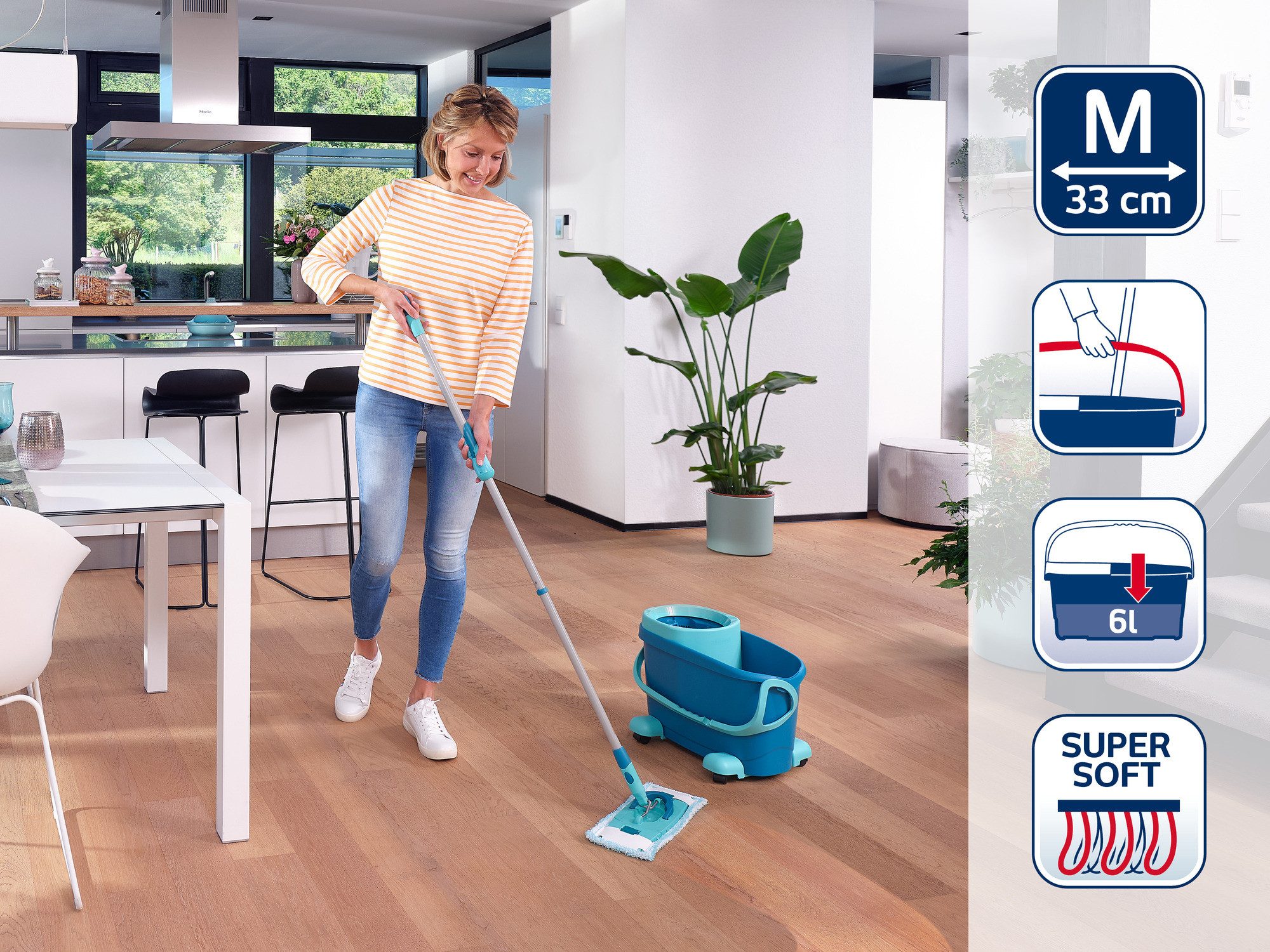 Leifheit Bodenwischer-Set Set CLEAN TWIST M Ergo Mobile, (5-St), Drill-Stiel-Mechanik, längenverstellbar (110-140cm), mit Rollen