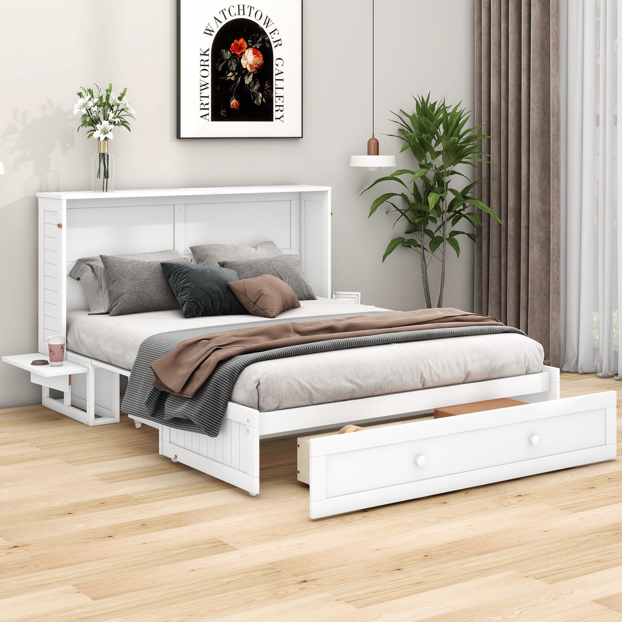 MODFU Stauraumbett Mobiles Schrankbett aus Holz (Murphy Bett, 90/140 x 200cm, mit Schublade und Ablagen), ohne Matratze