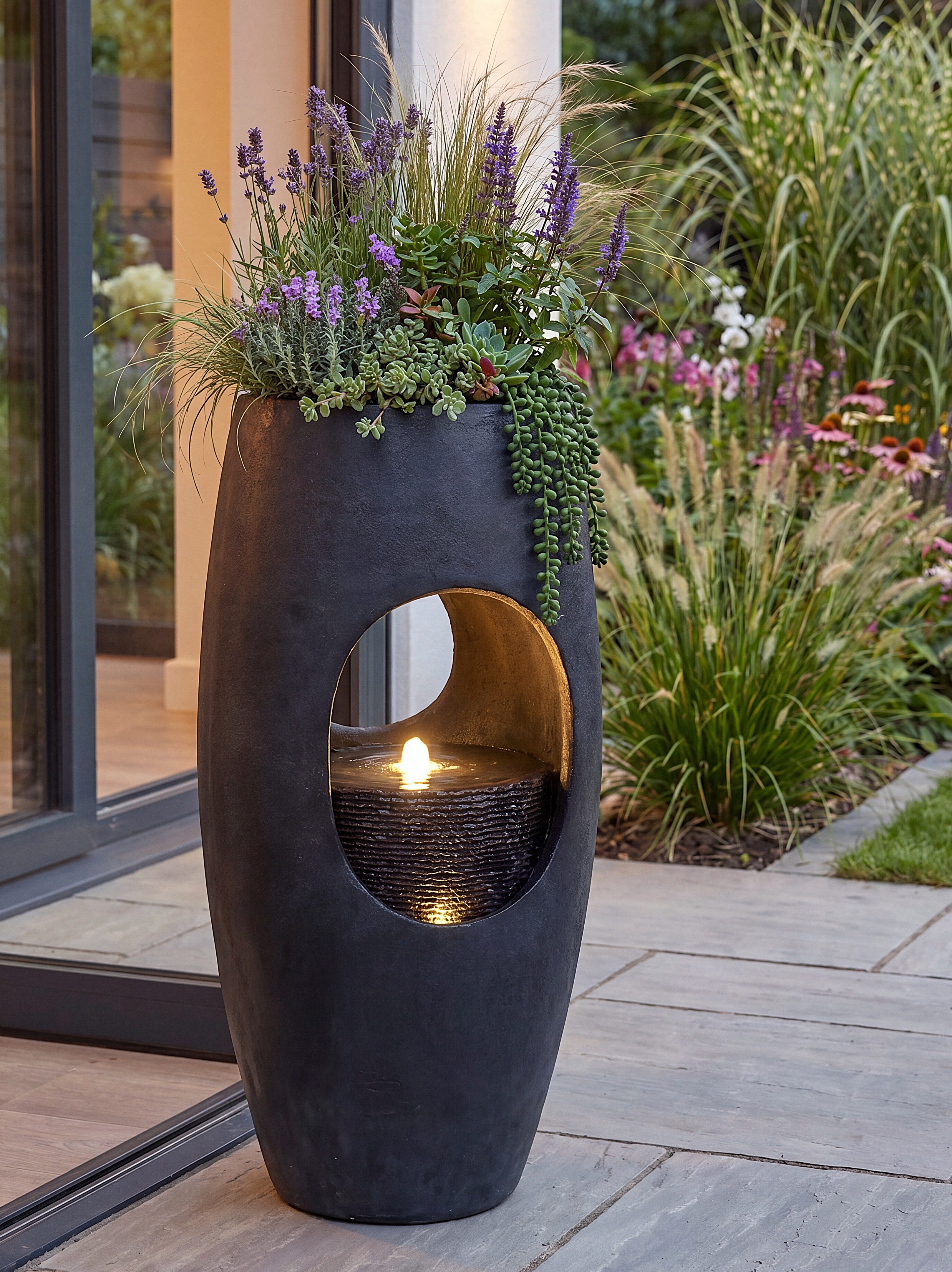 Gartenbrunnen Großer LED Springbrunnen bepflanzbar 91 cm modern Pflanzkübel
