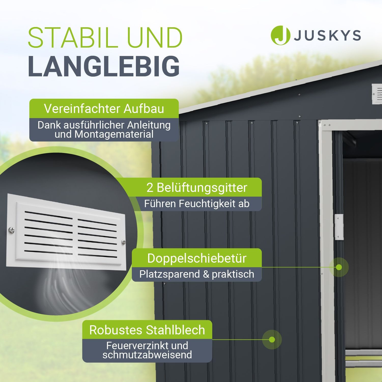 Juskys Gartenhaus XXL, BxT: 282x314 cm, mit Satteldach, Schiebetür, Fundamentrahmen, 15 m³