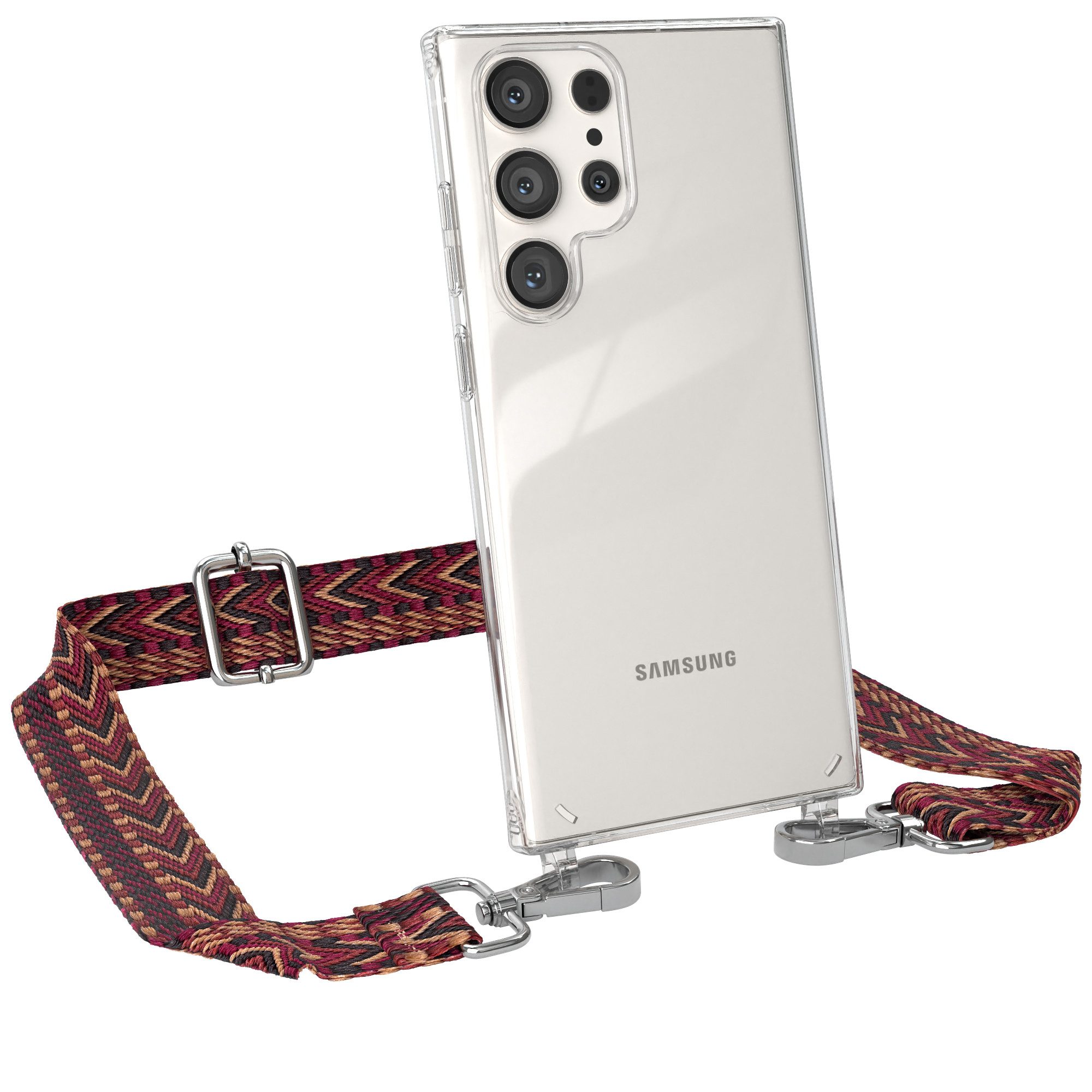 EAZY CASE Handykette Boho Umhängeband für Samsung Galaxy S23 Ultra 6,8 Zoll, dünner Riemen Silikon Hülle zum Umhängen Umhängetasche schmal Etui Rot