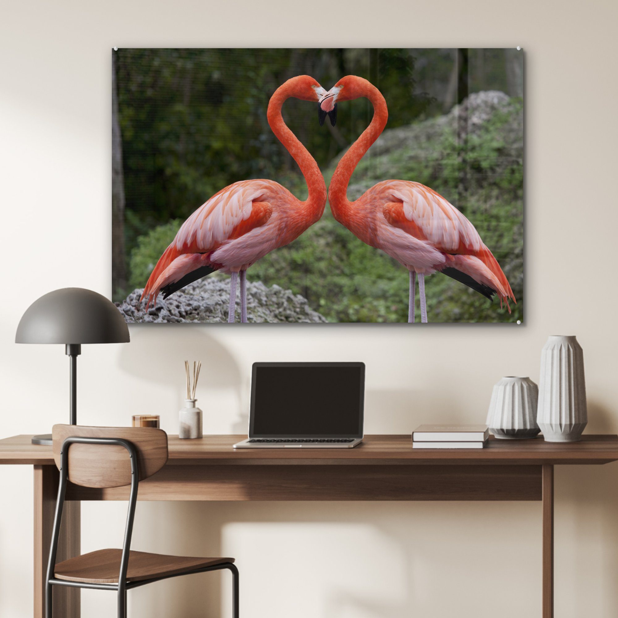 mit St), Flamingos Schlafzimmer Zwei Herz, & Hälsen (1 ein bilden Acrylglasbild Acrylglasbilder MuchoWow ihren Wohnzimmer