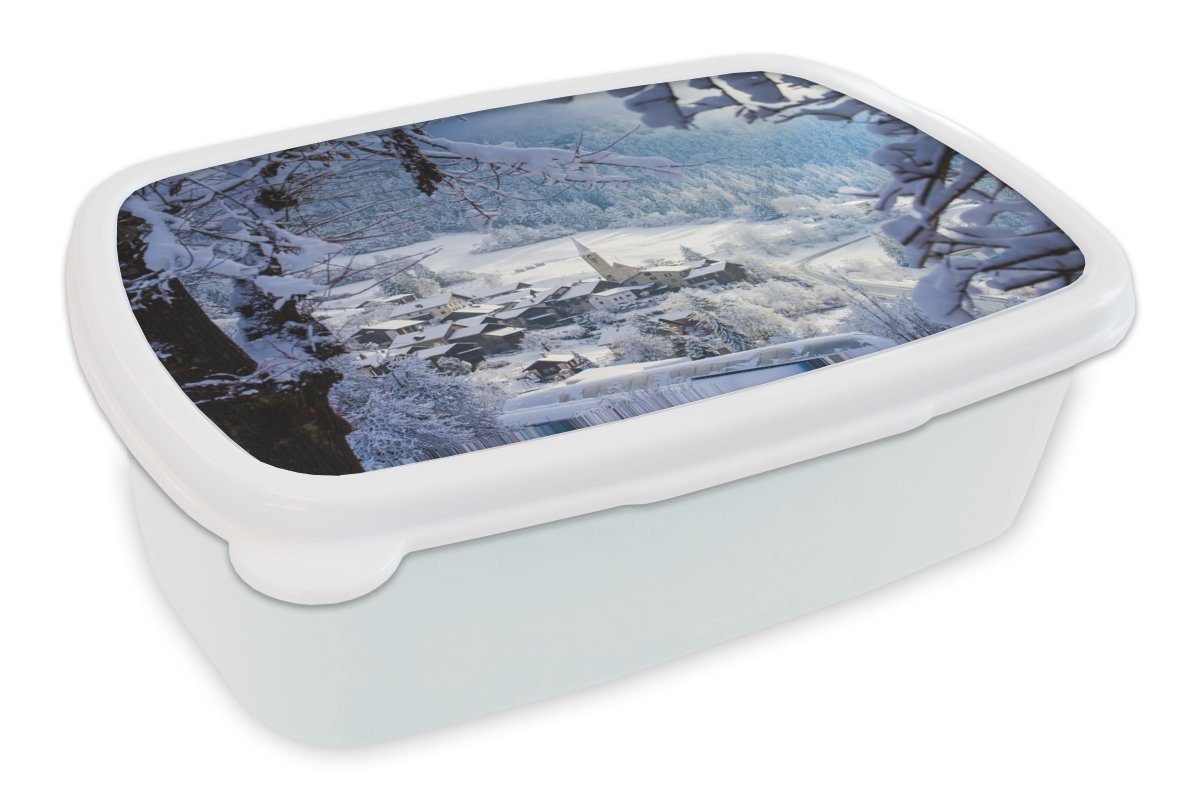 MuchoWow Lunchbox Alpen Erwachsene, und - (2-tlg), und Mädchen Schnee für weiß für Brotdose, Jungs Dorf, Kinder - Kunststoff, Brotbox
