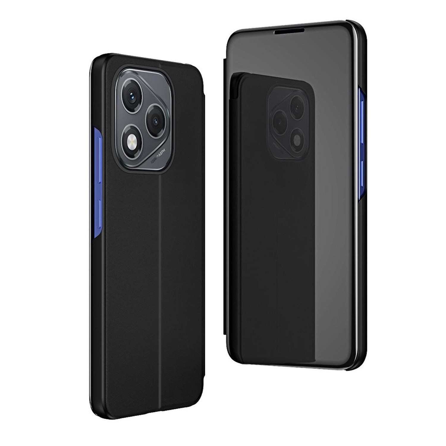 Wigento Handyhülle Für Honor 400 Lite View Spiegel Wake UP Funktion Smart Hülle Schwarz, Elektroplattiertes Spiegel-Design, horizontaler Klappständer