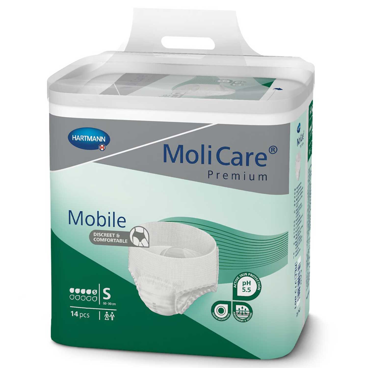 Molicare Inkontinenzboxer MoliCare Premium Mobile 5 Tropfen S 4 x 14 Stück (Mehrfachpackung, 56-St., 4 Packungen à 14 Stück, 56 Stück gesamt) Atmungsaktiv, Pull-up-Pants, Sofort-Trocken-Gefühl