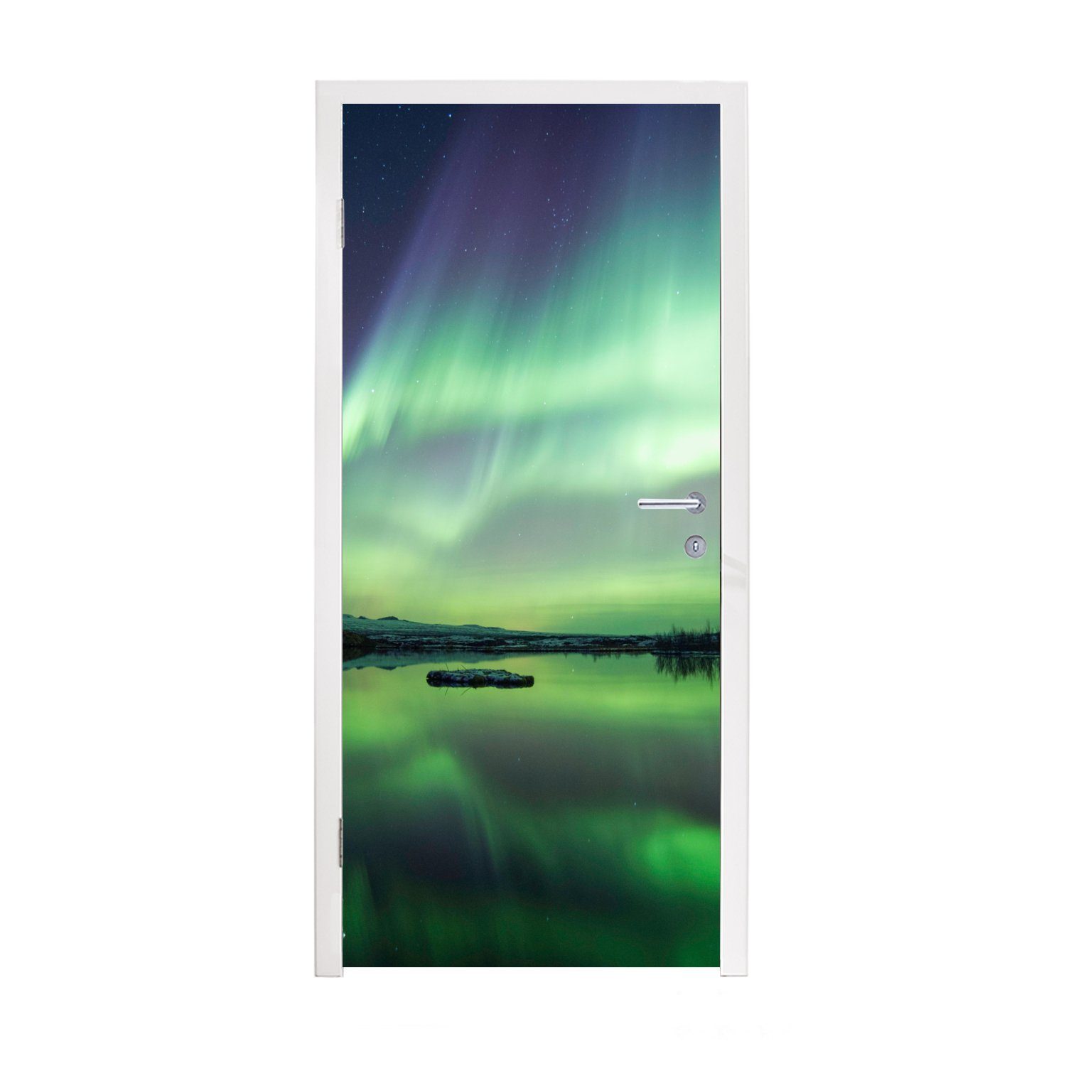 MuchoWow (1 Matt, See Grün cm - - - St), Tür, Wald 75x205 - - Island Fototapete für bedruckt, Türaufkleber, Nordlicht Schnee, Türtapete