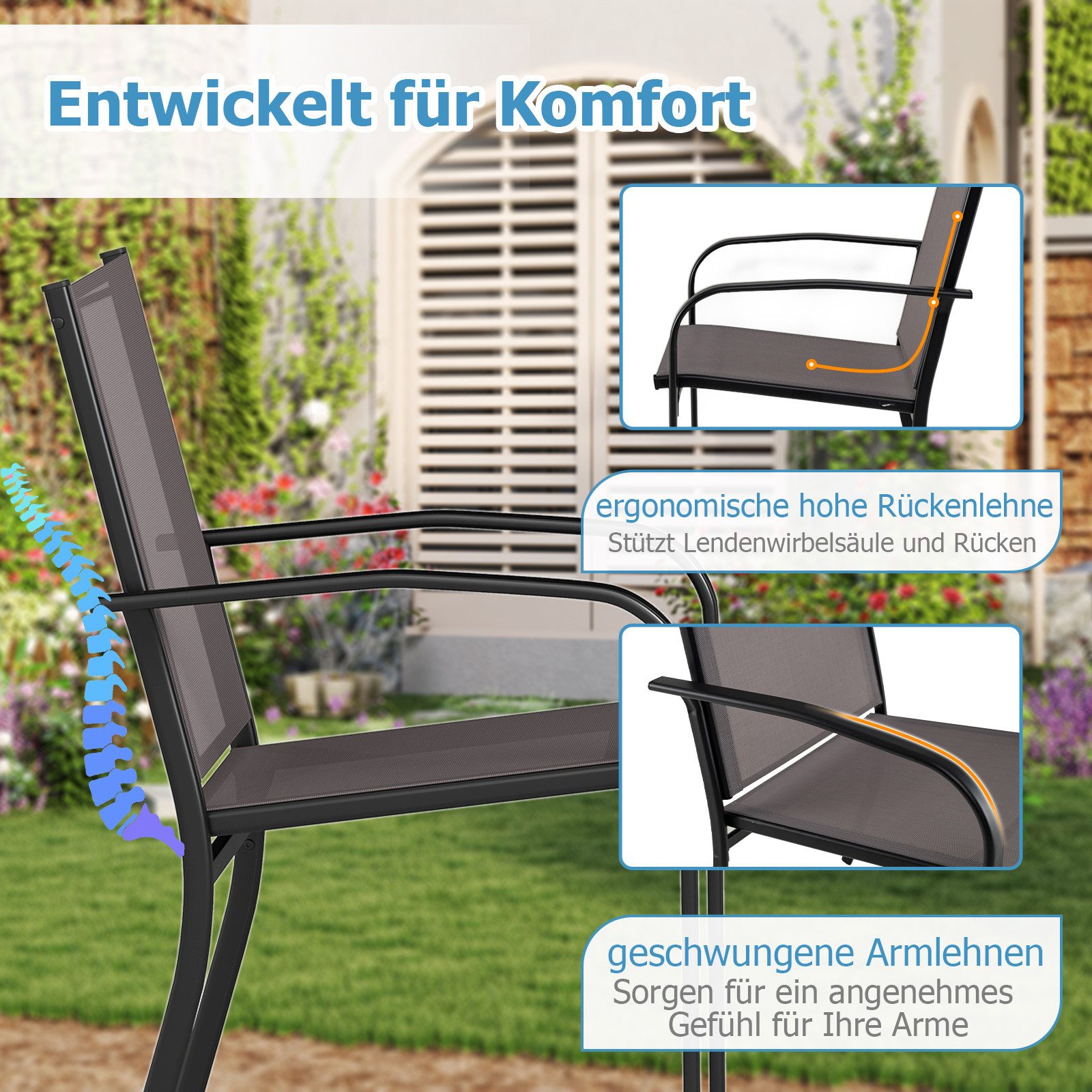 COSTWAY Gartenstuhl (2 St), stapelbares Esszimmerstuhl-Set mit Metallrahmen