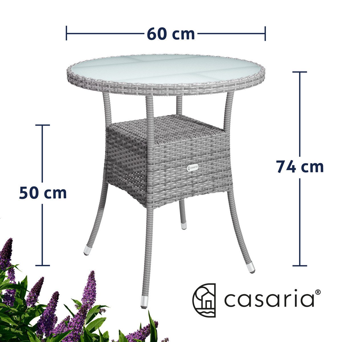 Casaria Gartentisch Ø 60 cm, Ø60cm Rund Glasplatte 80kg Belastbarkeit Wetterfest Stabil Outdoor