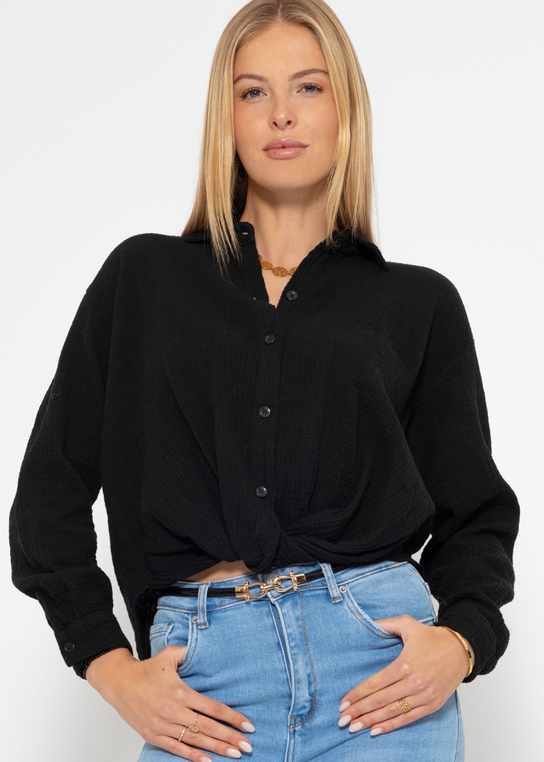 Langarmbluse Oversize Musselin Bluse Damen kurz Langarm Elegant