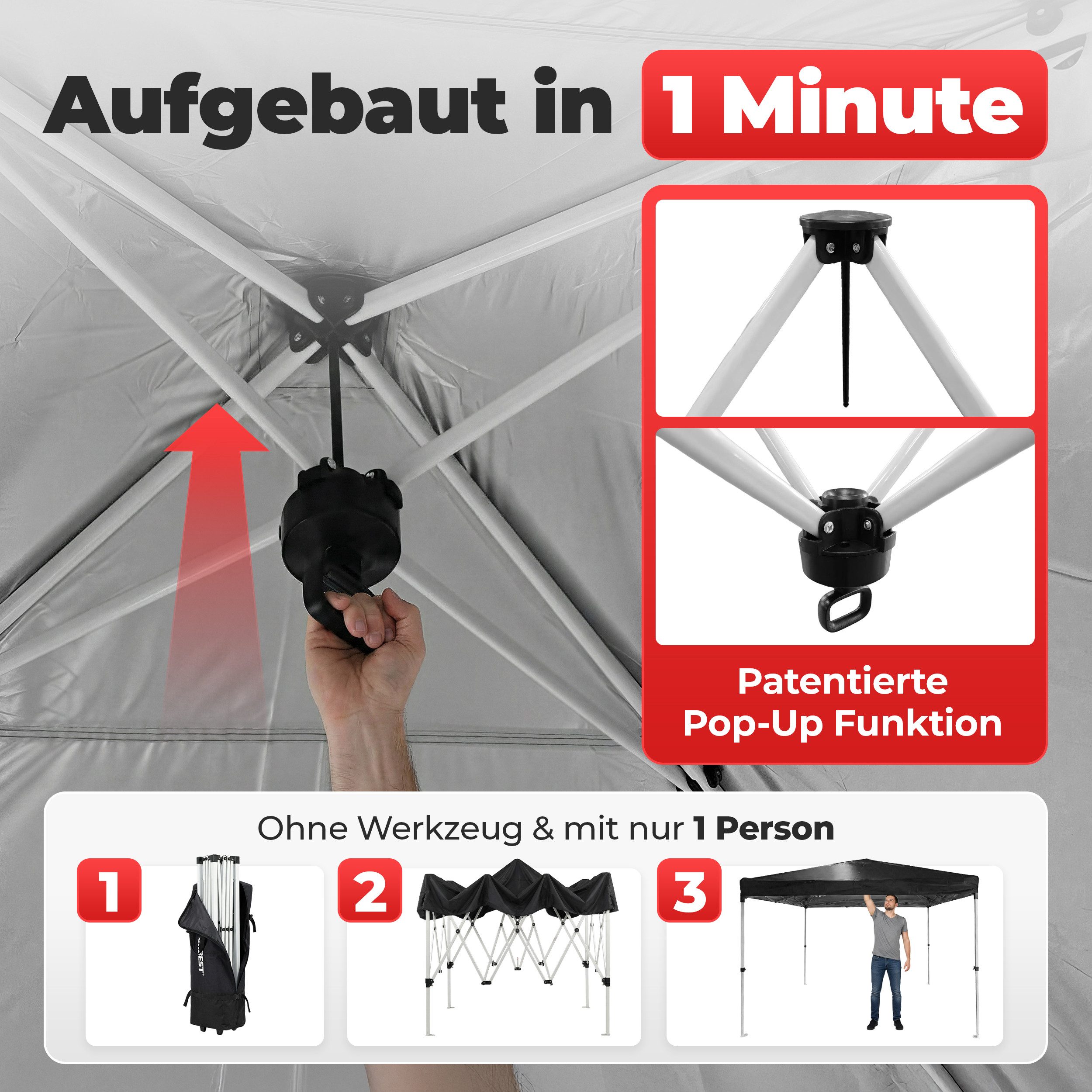 Onbest Pavillon Partyzelt Faltpavillon, patentiertes Quick-Up Aufbau in 1min, 3x3 m, mit 4 Seitenteilen, mit 4x Sandsäcke, 100% Wasserdicht, UV50+, mit Trolley – Bild 2 von 5