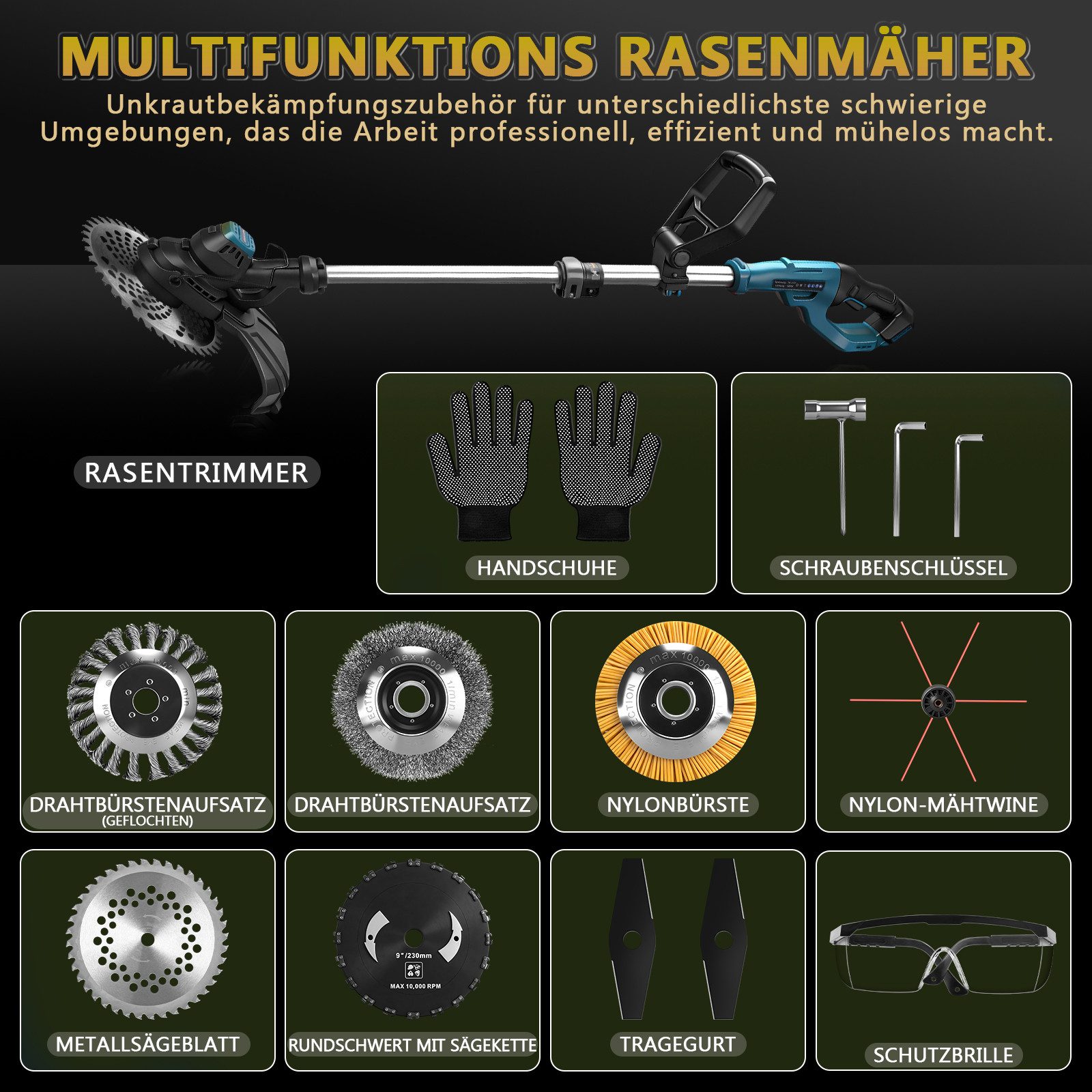 XIIW Akku-Motorsense Akku-Rasentrimmer 980W Bürstenloser Freischneider mit 7 Klingentypen, (14800 RPM, Teleskop 96–136 cm Einstellbar, für Makita 18V), Rasenmäh-Werkzeuge für Höfe, Gärten und Kleinen