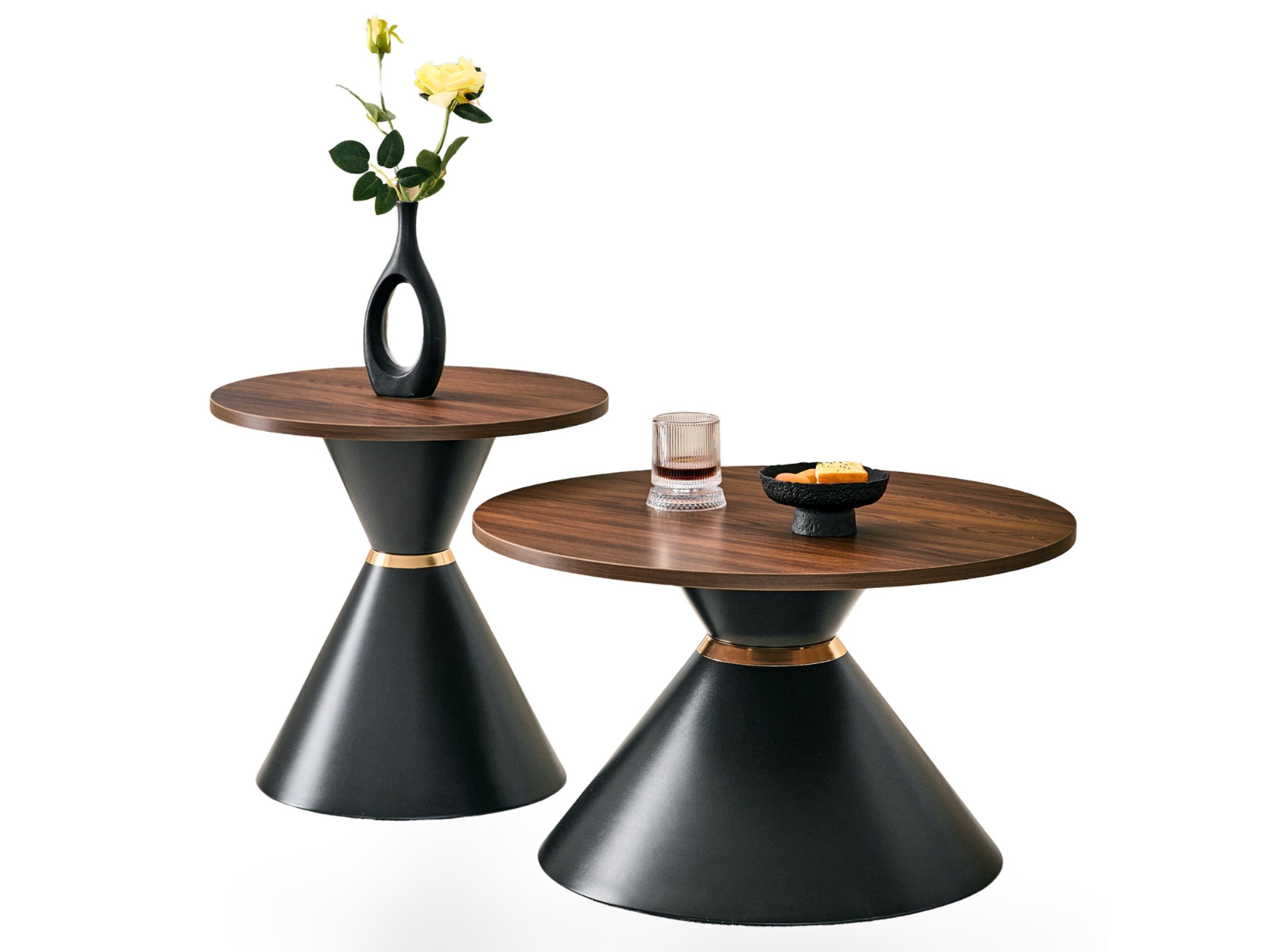 SeedWave Couchtisch 2er Set runde Sofatische mit Dekorplatten und konischem Metallsockel (2-teilig, 2 Tische), Wohnzimmertische mit Goldring, Schutzpads und Stellschrauben