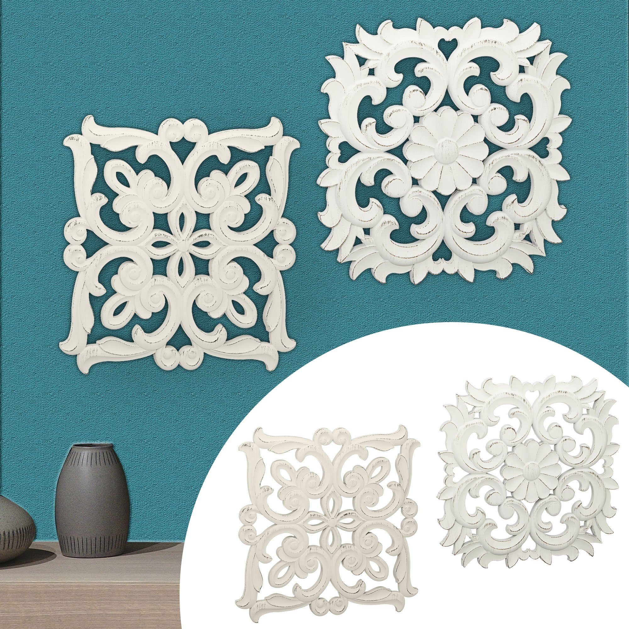 CEPEWA Wanddekoobjekt Wanddeko Ornamente 2er Set 40x40 cm Shabby