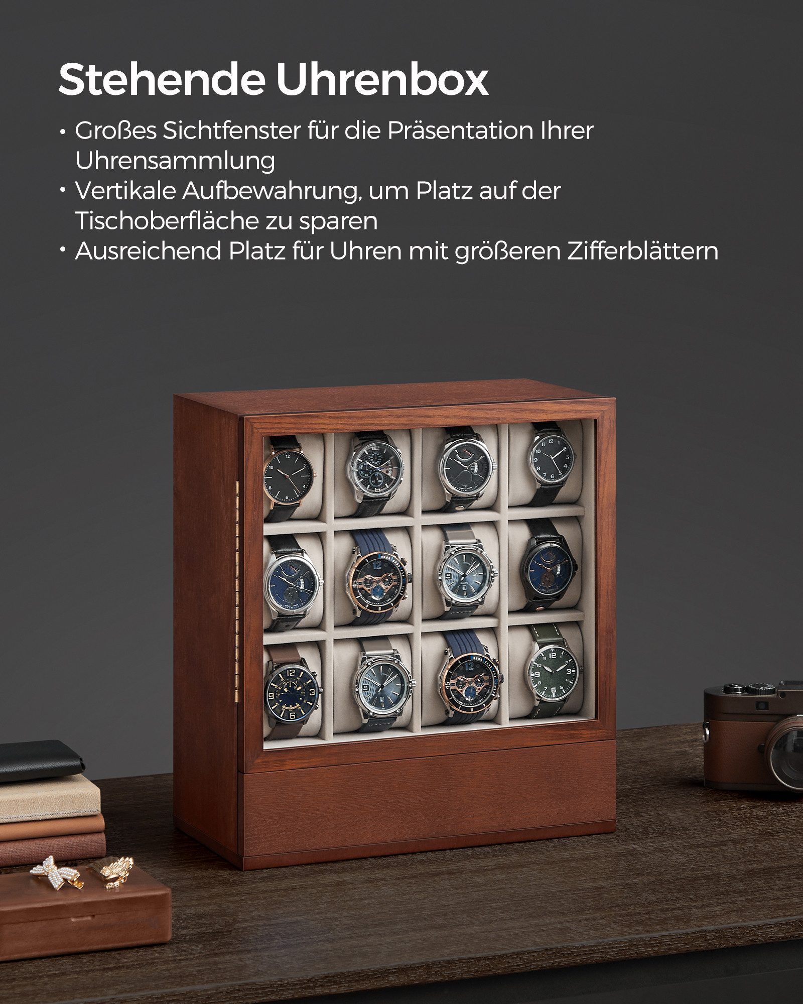 SONGMICS Uhrenbox, Uhrenbox 12 Fächer, Uhrenkasten, vertikale Aufbewahrung, Geschenkidee