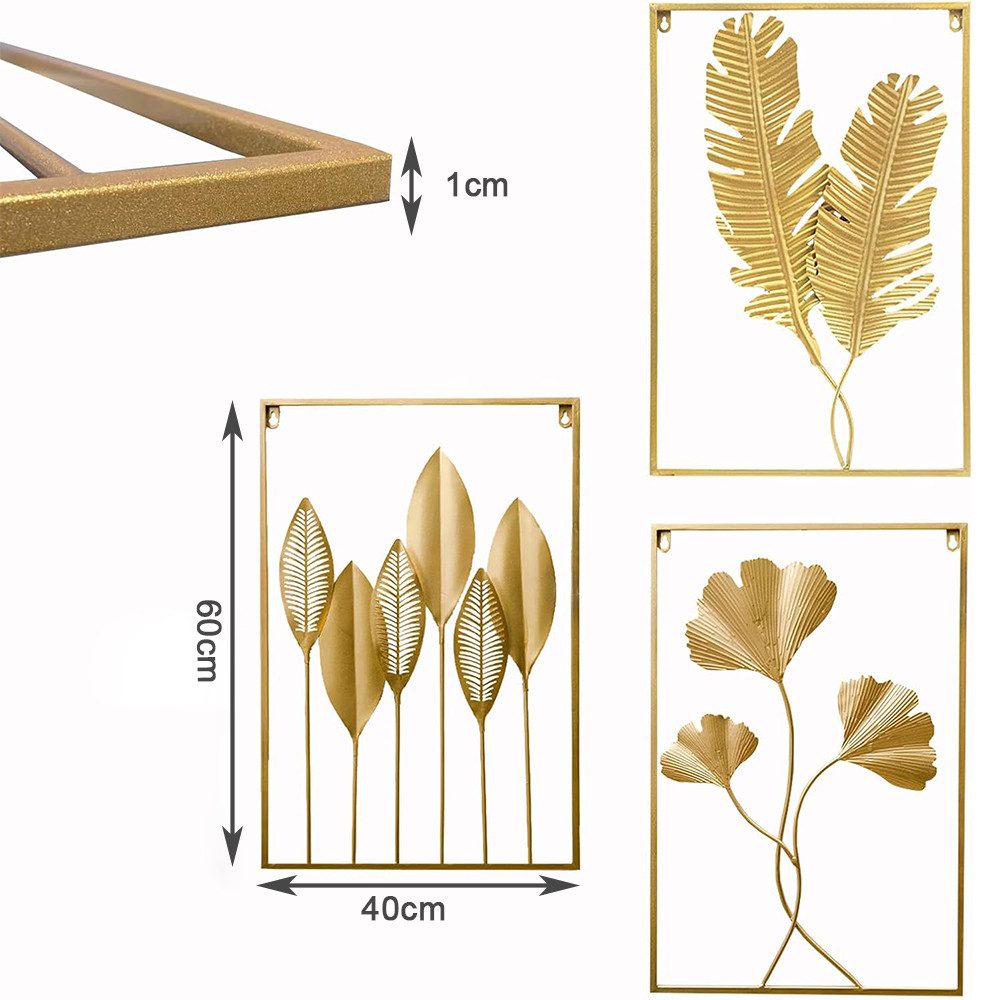 NUODWELL Wanddekoobjekt 3 Stück Wanddekorationen aus Metall, 60 x 40 cm, Blatt-Wanddekoration