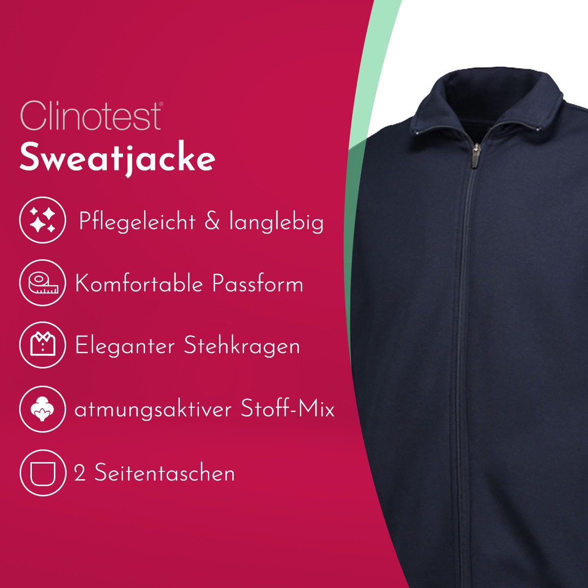 Clinotest Sweatjacke ohne Kapuze Unisex - 60% Baumwolle & 40% Polyester mit Stehkragen (1-tlg) Bequeme & atmungsaktive Sweatshirtjacke für Freizeit und Sport – Bild 3 von 5