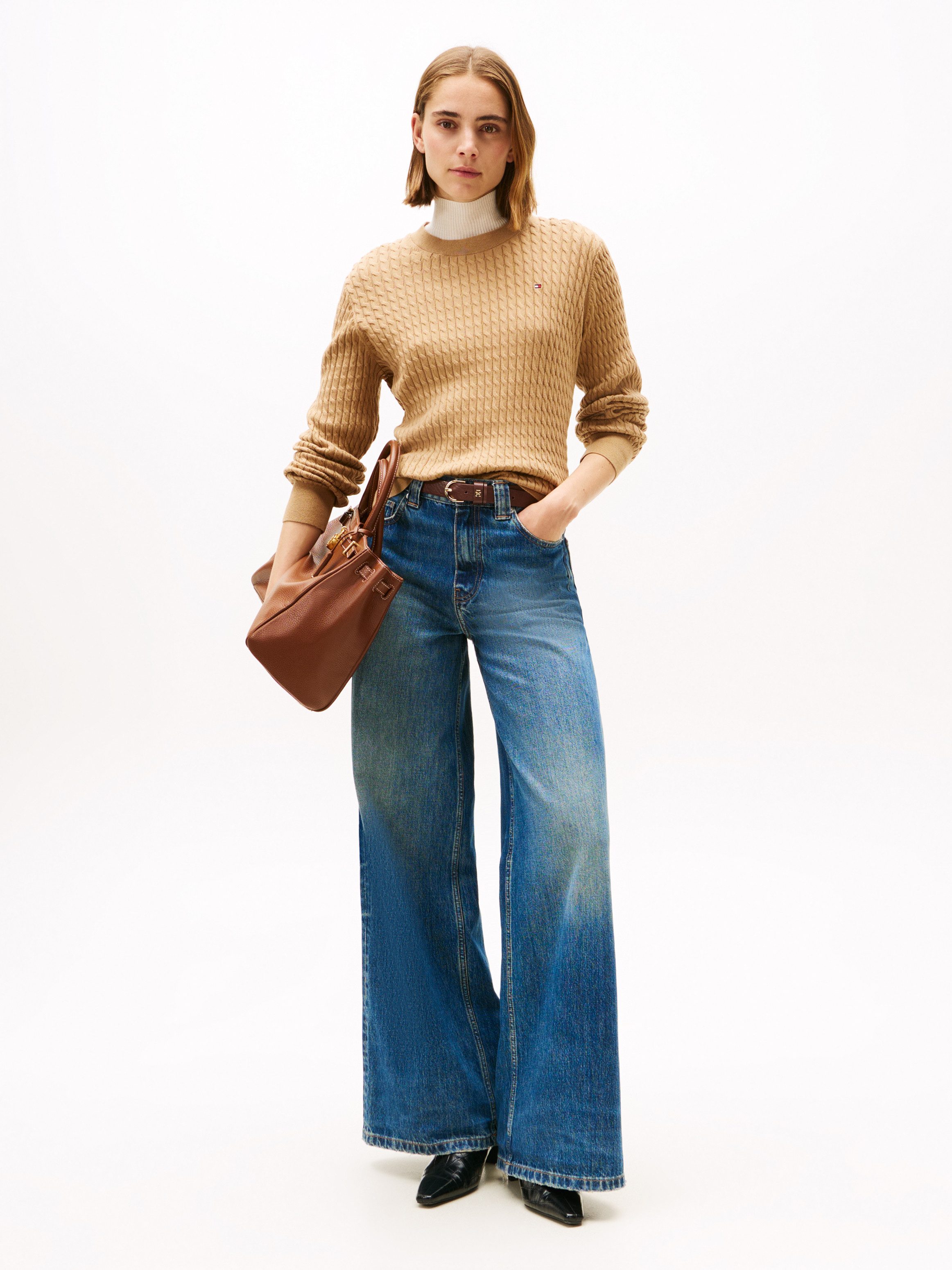 Tommy Hilfiger Rundhalspullover CO CABLE C-NK LS SWEATER Baumwolle, mit Zopfmuster, Regular Fit