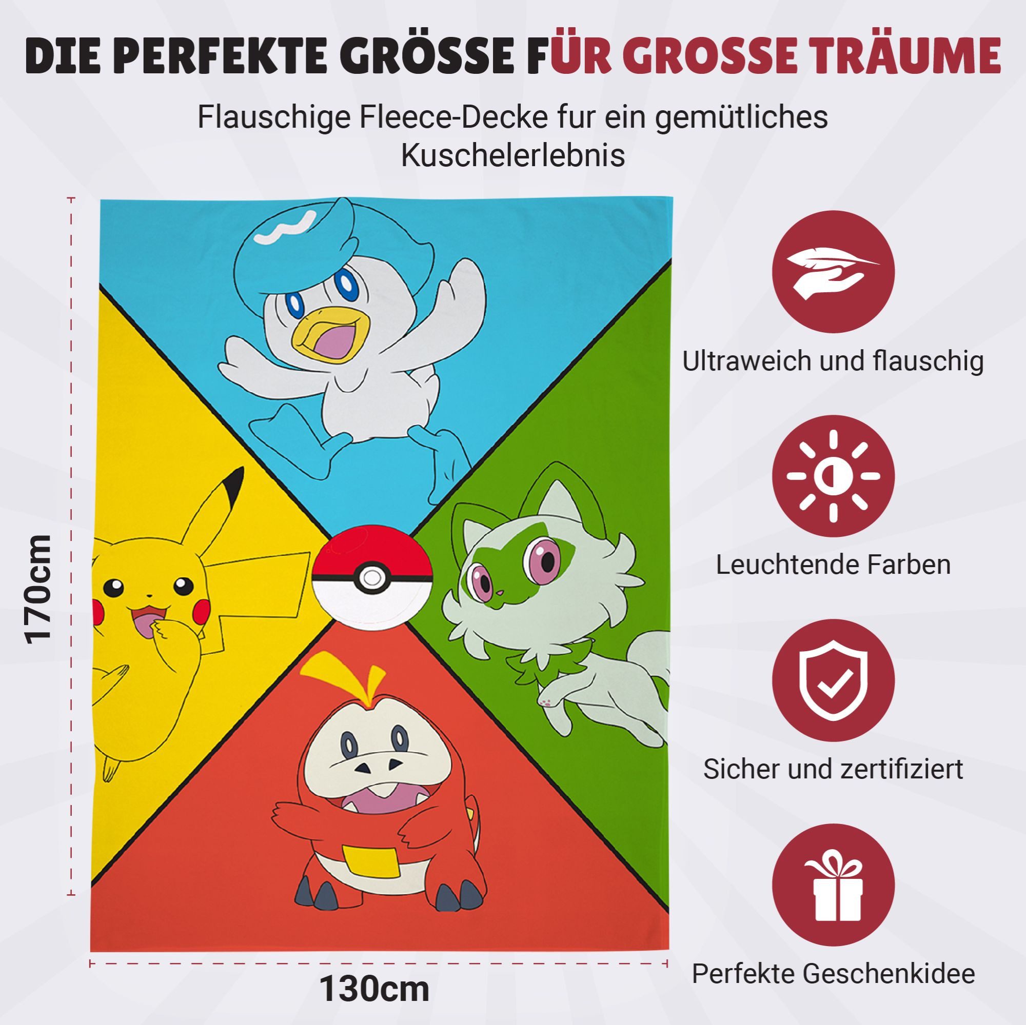 Familando Tagesdecke Pokemon Fleecedecke 130 x 170 cm mit Pikachu & Friends - Kuscheldecke, schnelltrocknend, weich, pflegeleicht