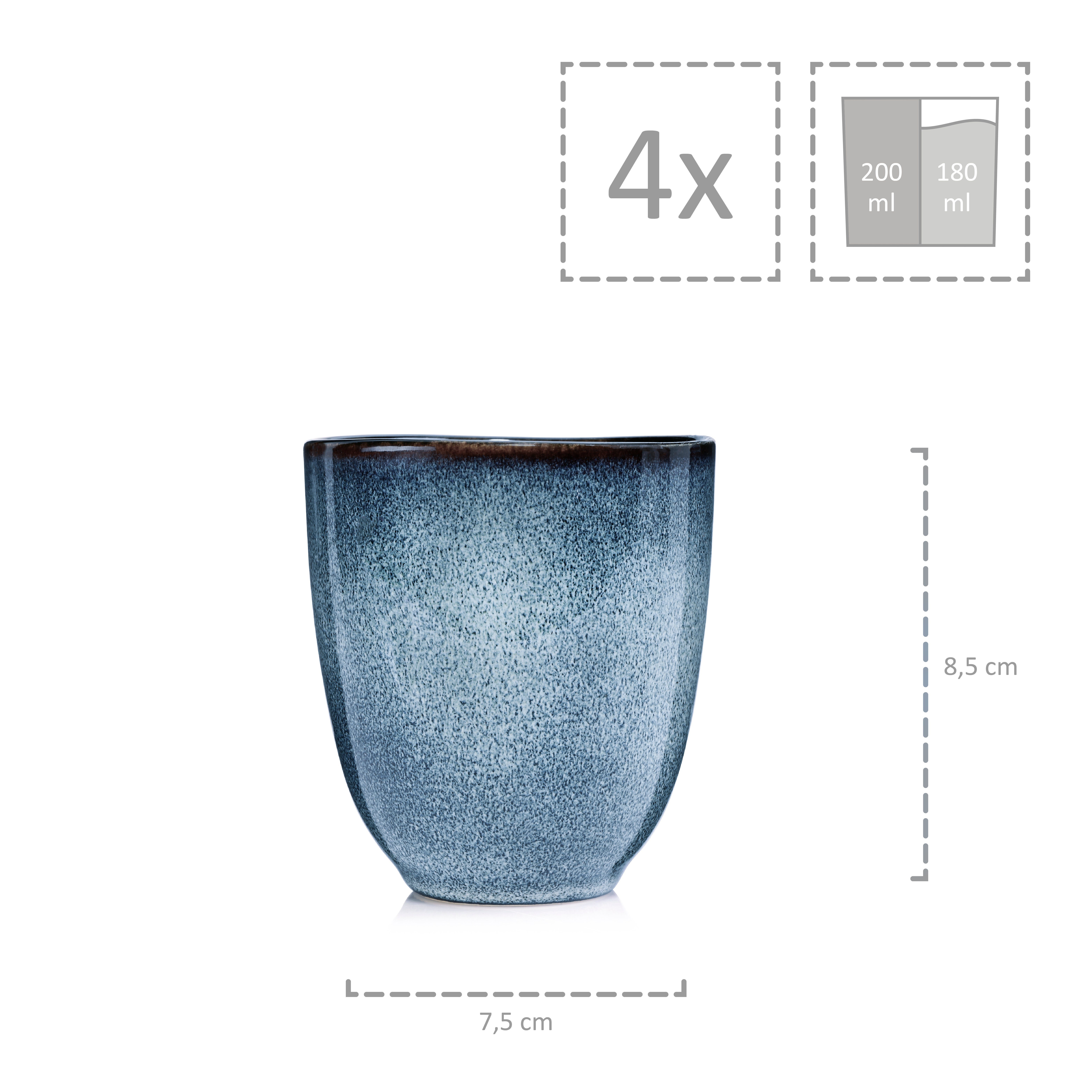 SÄNGER Becher Darwin Kaffeebecher ohne Henkel, 4-tlg., Steingut, Handmade, 180 ml, ⌀7,5x8,5cm, Blau, Premium Collection