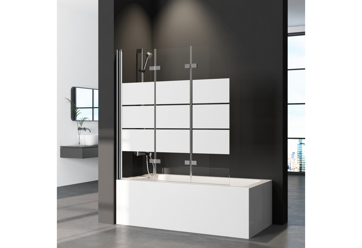 Thumbnail - Boromal Badewannenaufsatz Duschwand für Badewanne 3-teilig Faltbar 120x140 cm Badewannenfaltwand, (Klarglas /Teilsatinie...
