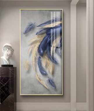 TPFLiving Kunstdruck (OHNE RAHMEN) Poster - Leinwand - Wandbild, Nordic Art - Blaue und goldene Federn - Bilder Wohnzimmer - (5 Motive in 4 verschiedenen Größen zur Auswahl), Farben: Blau, Gold - Größe: 40x80cm