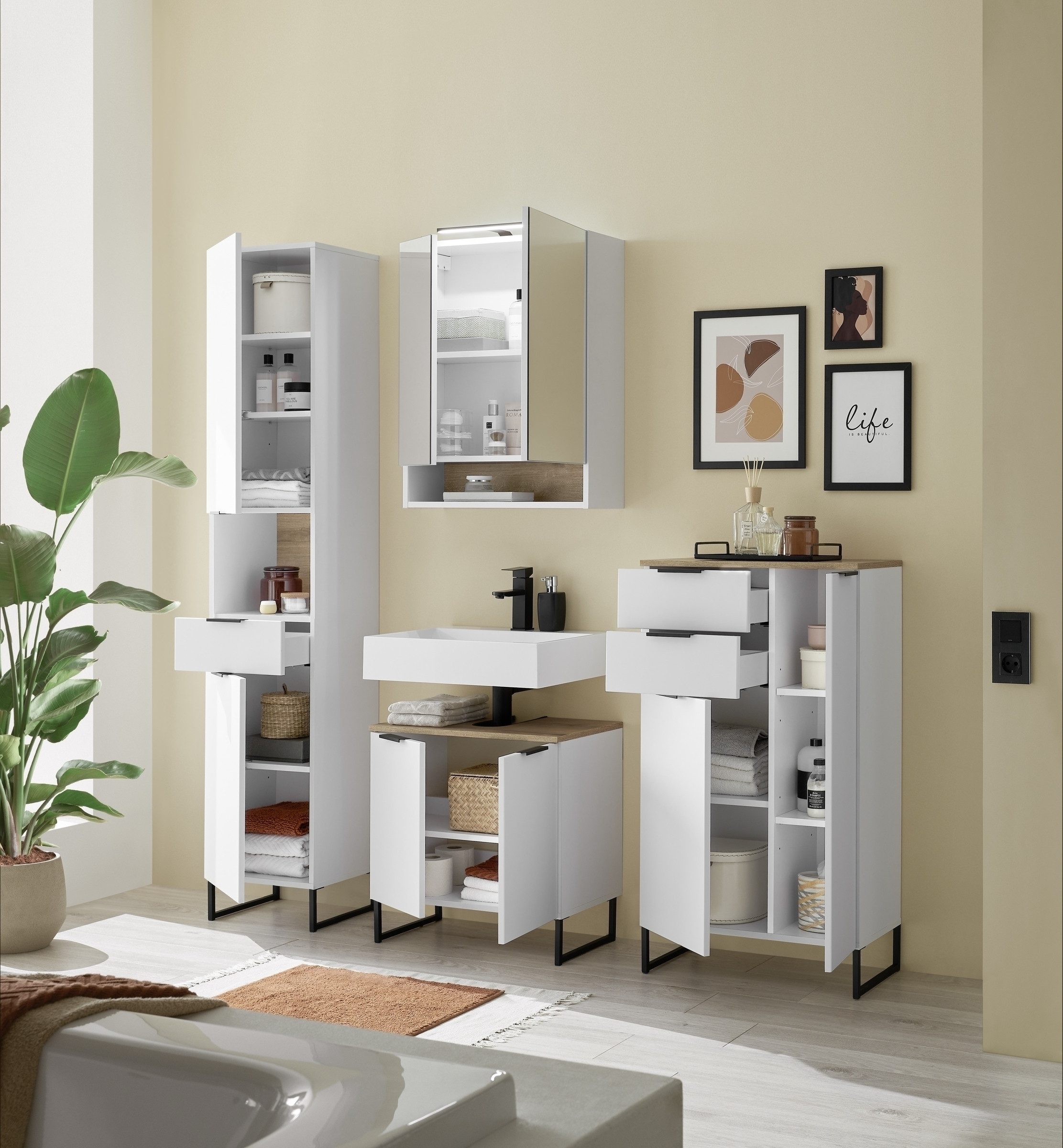 PREISBRECHER Badezimmer-Set Denver, (Highboard), (4-tlg) in weiß matt / Evoke Eiche Dekor - 200x195x35 (BxHxT)
