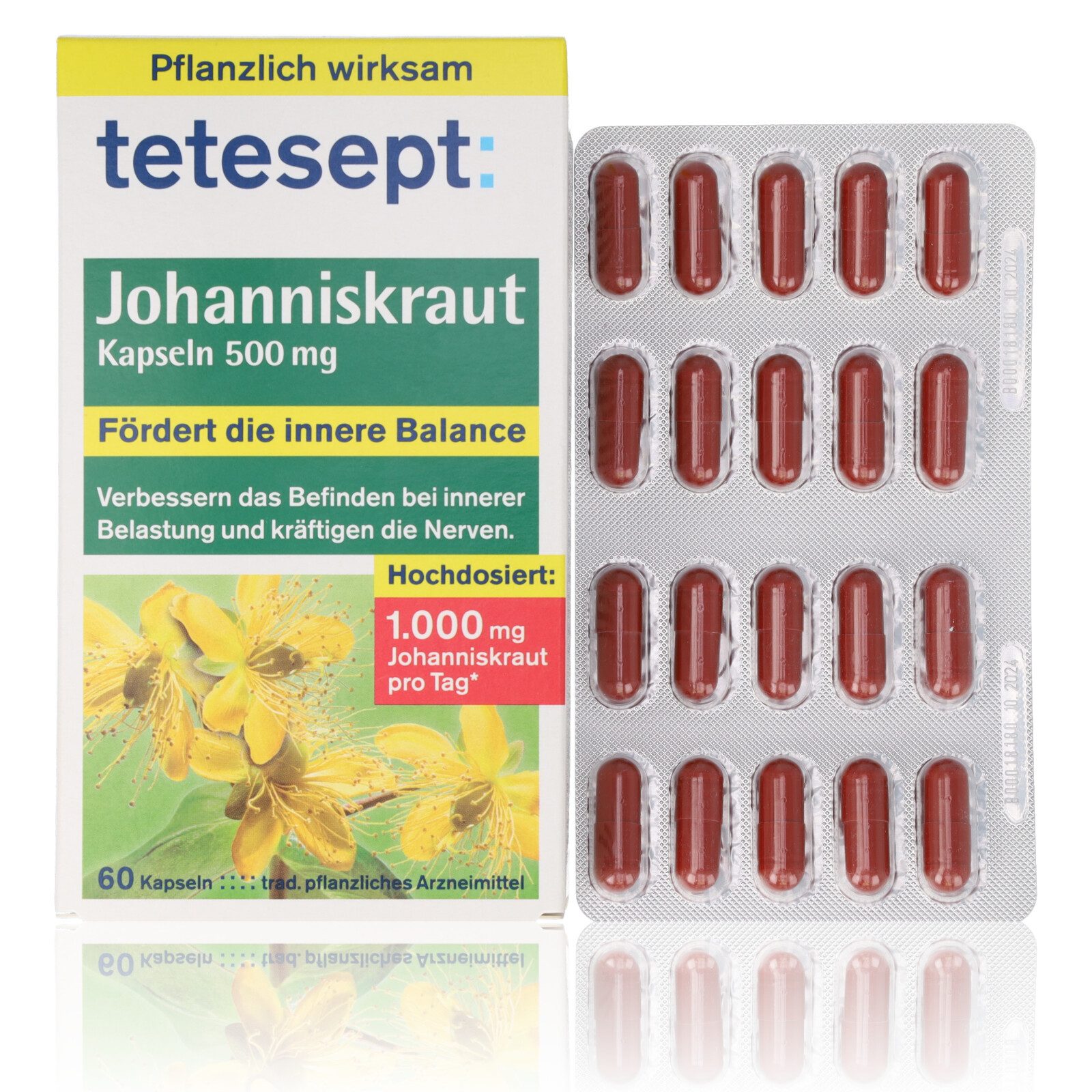 Tetesept Tetesept Johanniskraut 60 Kapseln 500mg Kapseln, 1000mg Johanniskraut à 60 St., Traditionell pflanzl. Arzneimittel zur Linderung geistiger Erschöpfung
