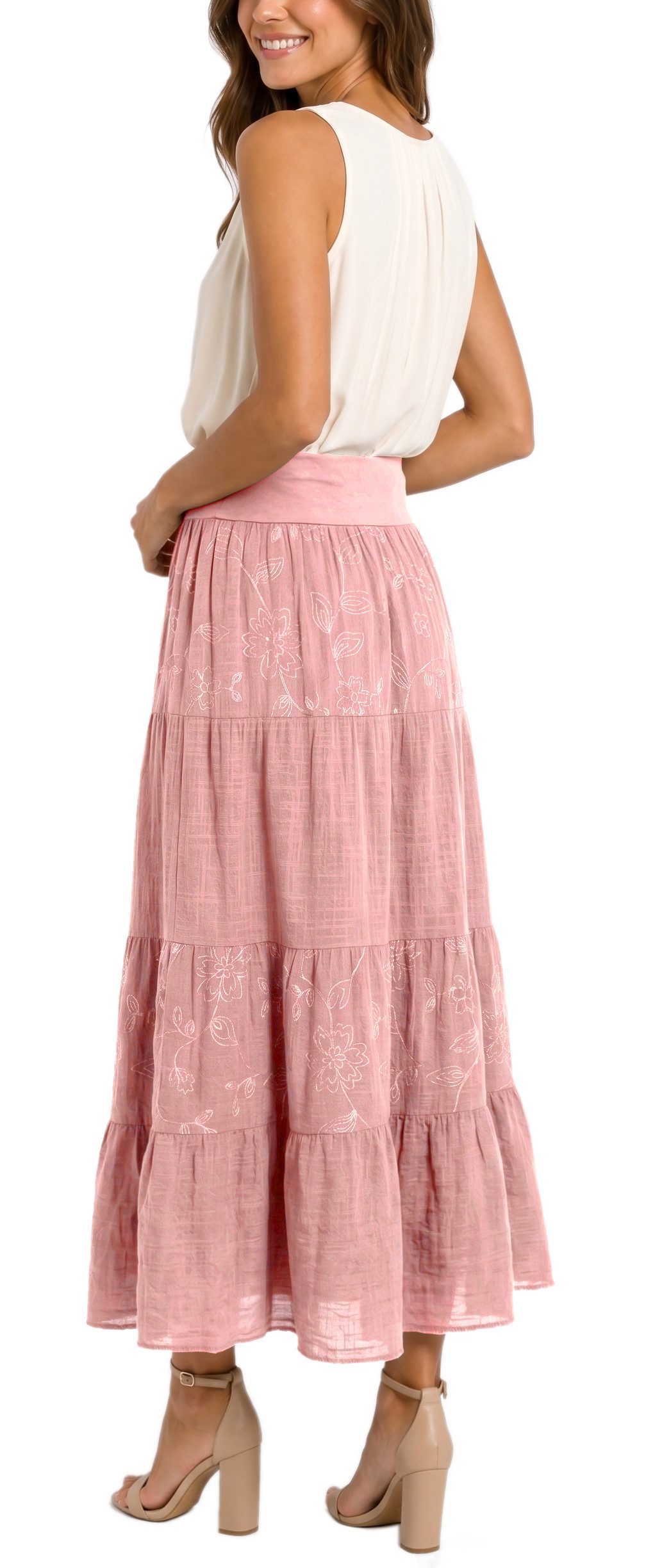 dy_mode Maxirock Damen Maxirock Luftiger Stufenrock Langer Baumwollrock Sommerrock in Unifarbe, mit Gummibund, Blumenstickerei