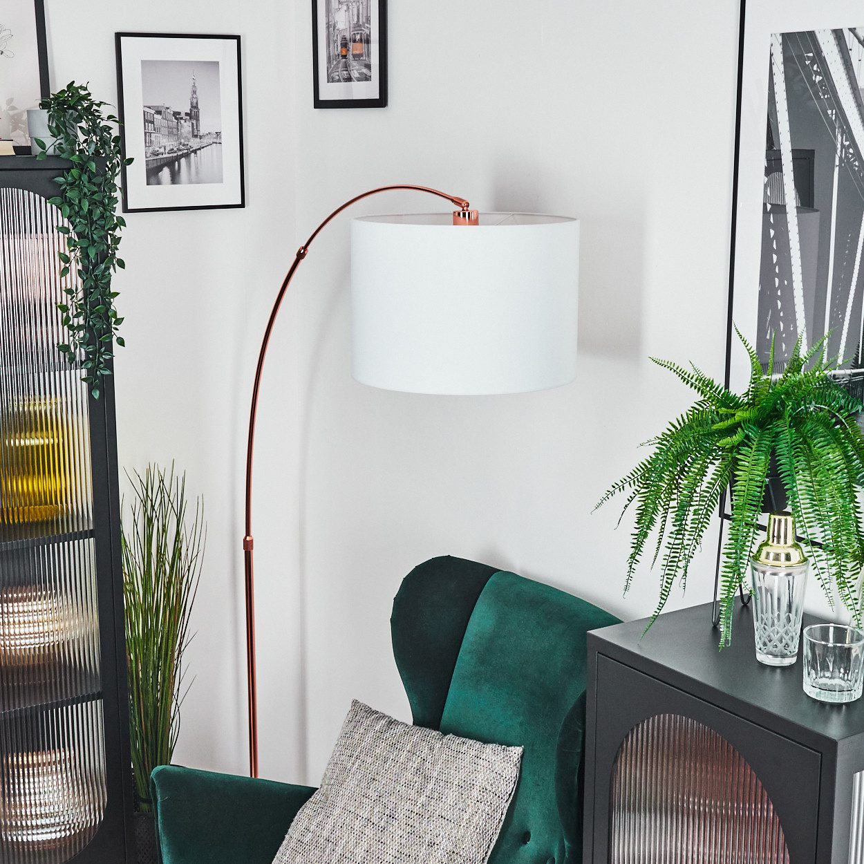 hofstein Bogenlampe Stehlampe aus Metall/Stoff in Schwarz/Kupfer/Weiß, Stehleuchte mit Marmorfuß, modernes Design (40 cm), Fußschalter, E27
