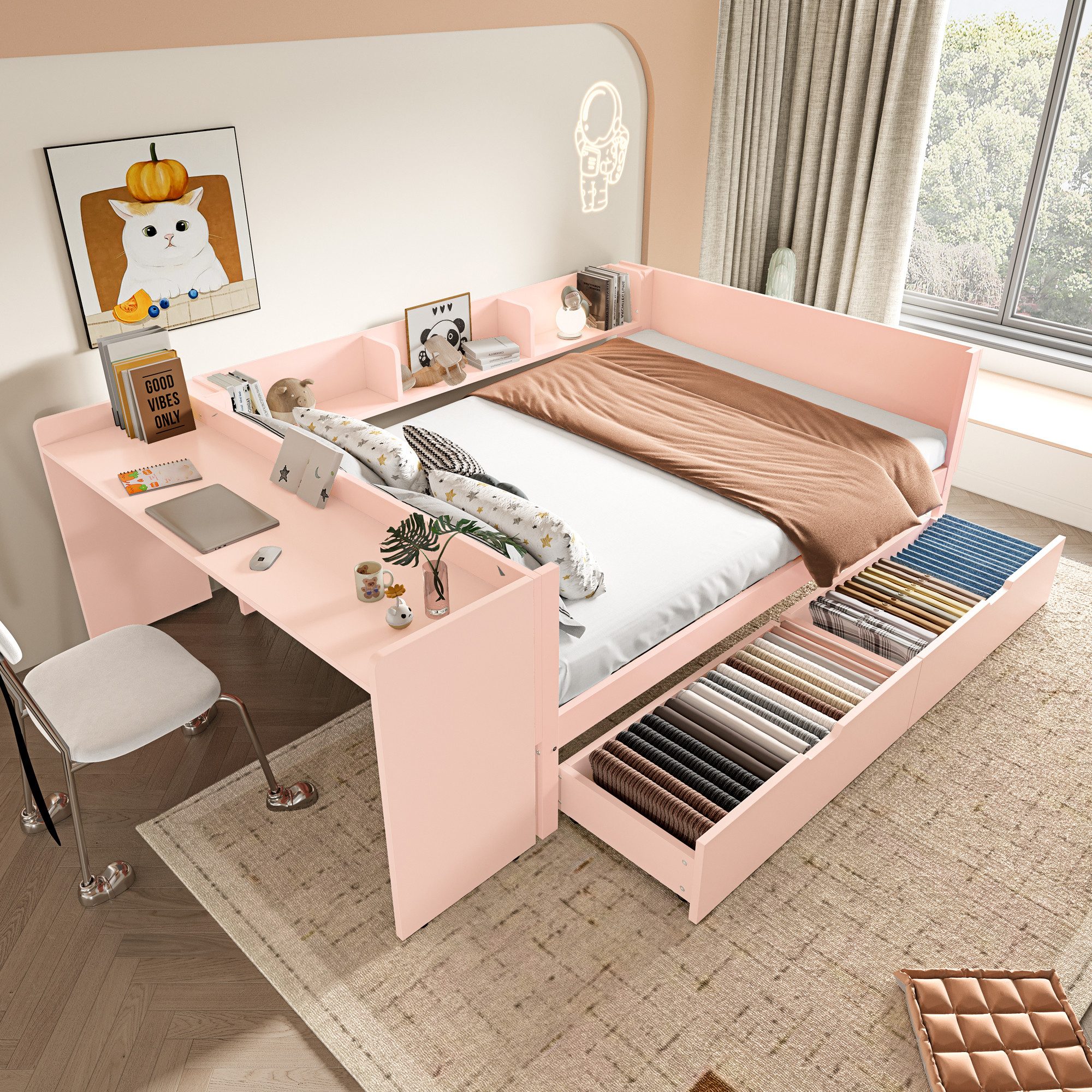 OKWISH Kinderbett mit Schreibtisch, Jugendbett Daybett Tagesbett Stauraumbe günstig online kaufen