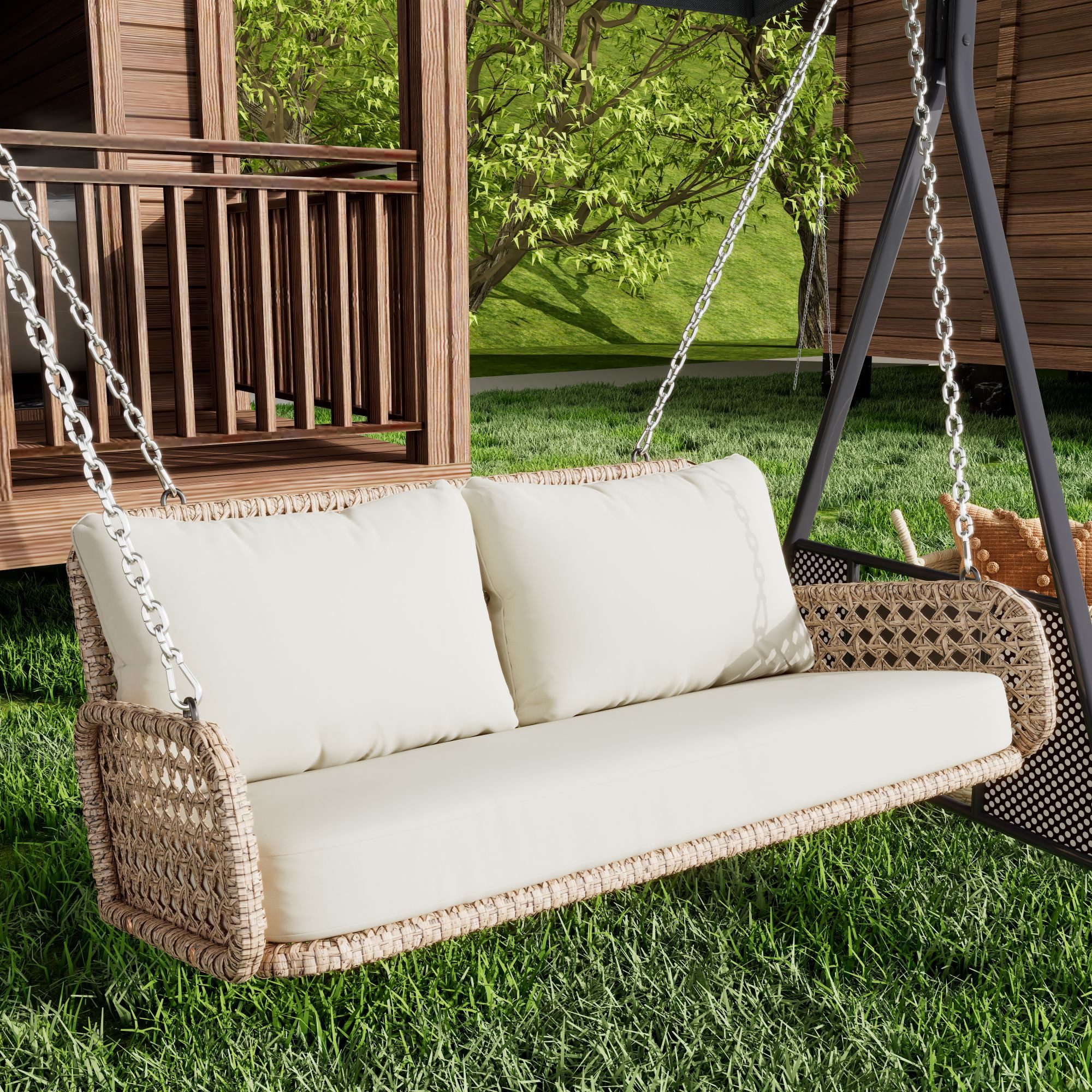 Merax Hollywoodschaukel aus Polyrattan, 2,00-Sitzer, mit Ketten, Hängesessel Hängeliege mit Kissen, Gartenmöbel