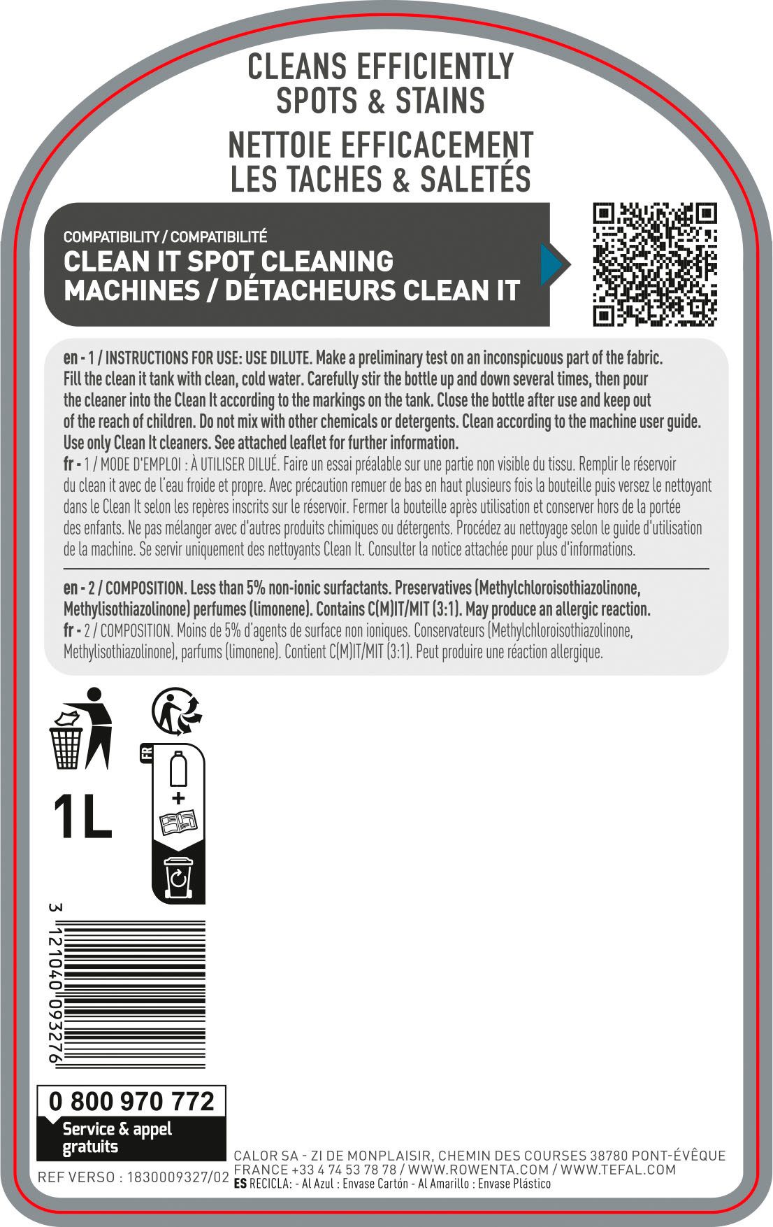 Rowenta XD5320 Clean It Teppichreiniger (1-St. Reinigungsmittel für Tierhaushalte und Polster-& Teppichreinigung, 1l)