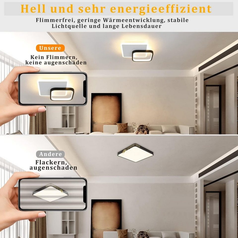 Nettlife LED Deckenleuchte Schwarz Deckenlampe Modern Acryl  Deckenbeleuchtung, LED fest integriert, Warmweiß, für Schlafzimmer  Wohnzimmer Esszimmer Küche Flur, 15W