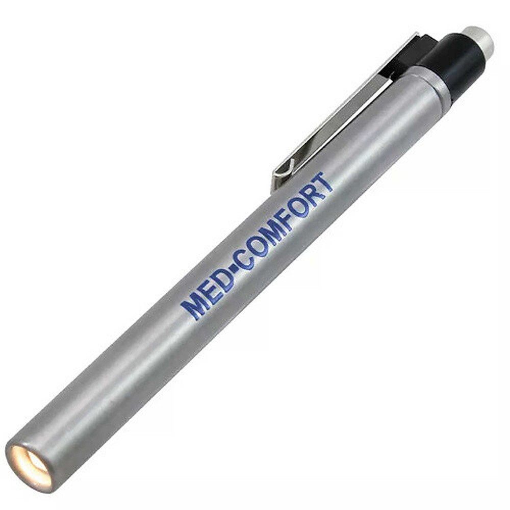 Med-Comfort Arbeitsleuchte Med-Comfort Pupillenleuchte mit Knopf weiß 1 Stück, Ausleuchten des Mund- und Rachenraums, Ausleuchten des Augenbereichs, mit Druckknopf, mit Steckclip, inklusive Langzeitbatterien